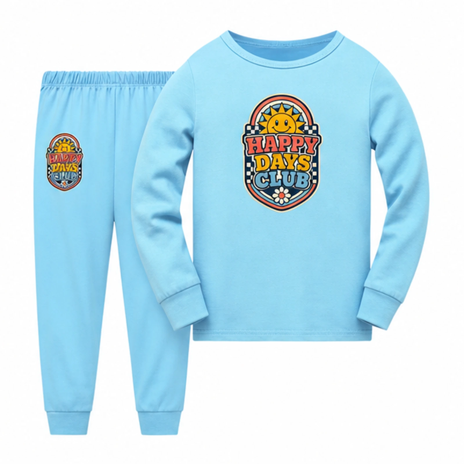 Happy Days Club Custom Kids Long-Sleeve Top and Pants Set, AI-redrawn from the exact blank product and approved logo reference, alternate approved color view
