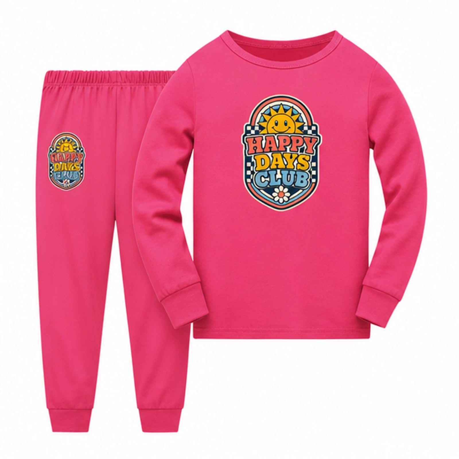 Happy Days Club Custom Kids Long-Sleeve Top and Pants Set, AI-redrawn from the exact blank product and approved logo reference, alternate clean ecommerce view