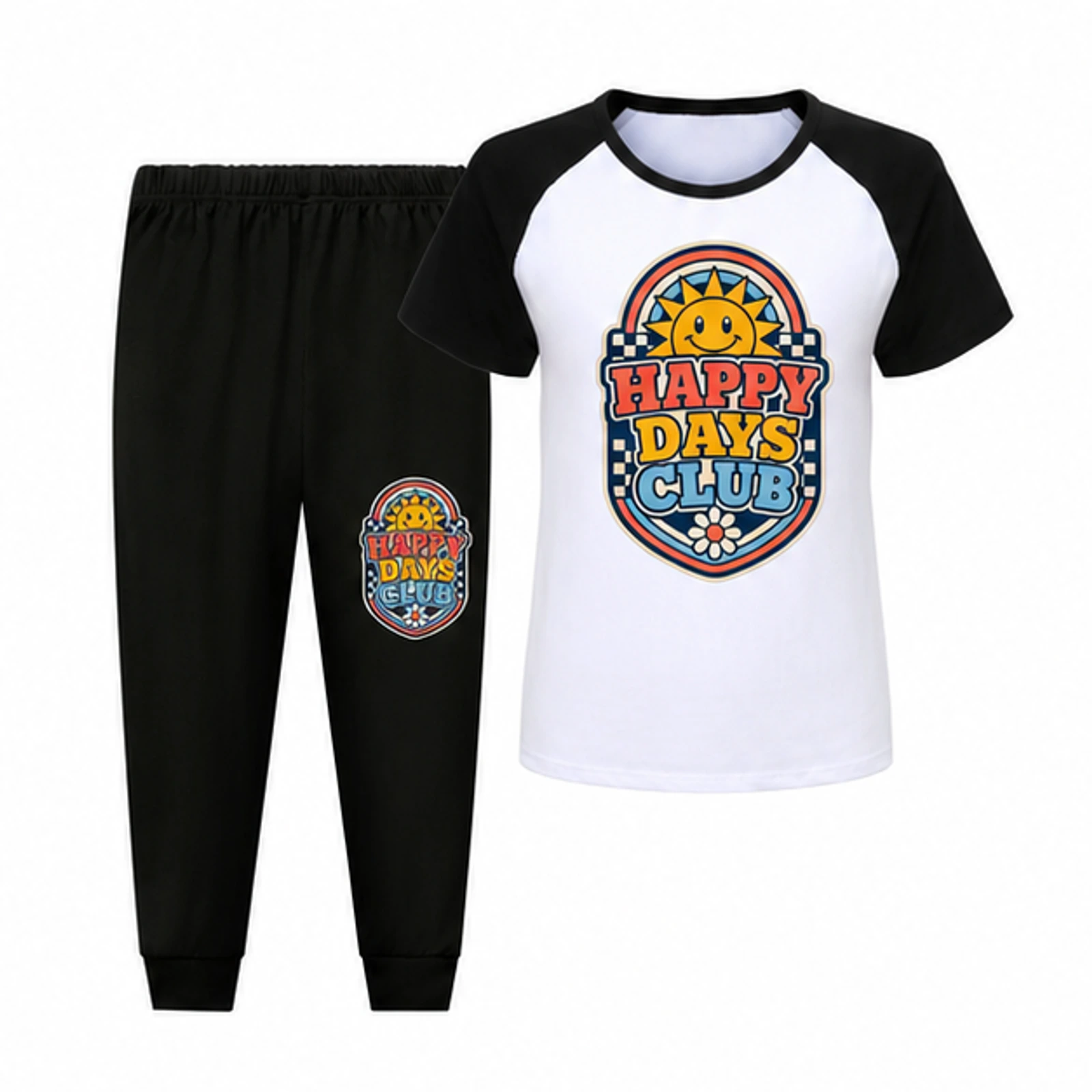 Black · Long Pants option for Happy Days Club Custom Kids Short-Sleeve Top and Long Pants Sports Set, AI-redrawn from the exact blank product and approved logo reference