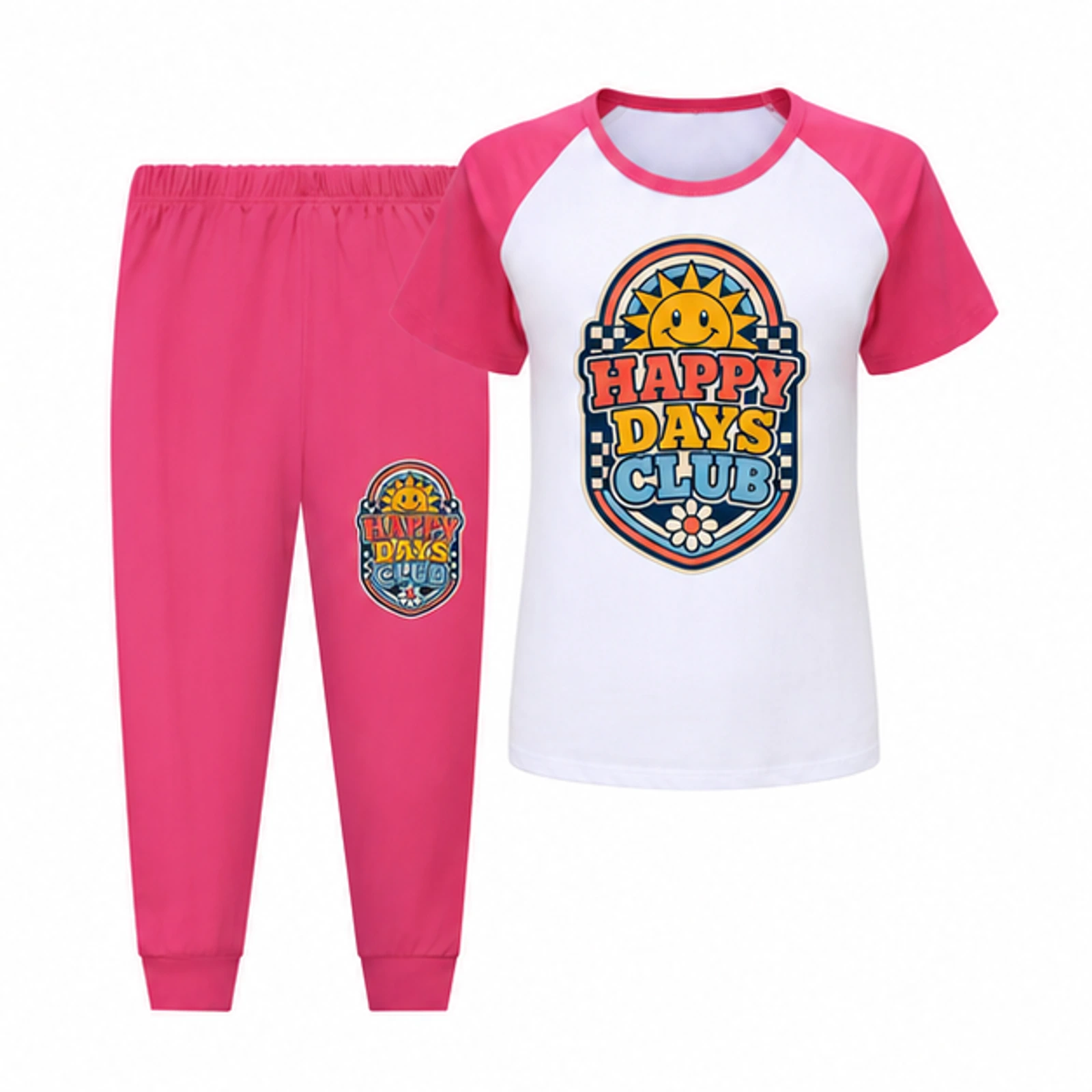 Rose Red · Long Pants option for Happy Days Club Custom Kids Short-Sleeve Top and Long Pants Sports Set, AI-redrawn from the exact blank product and approved logo reference