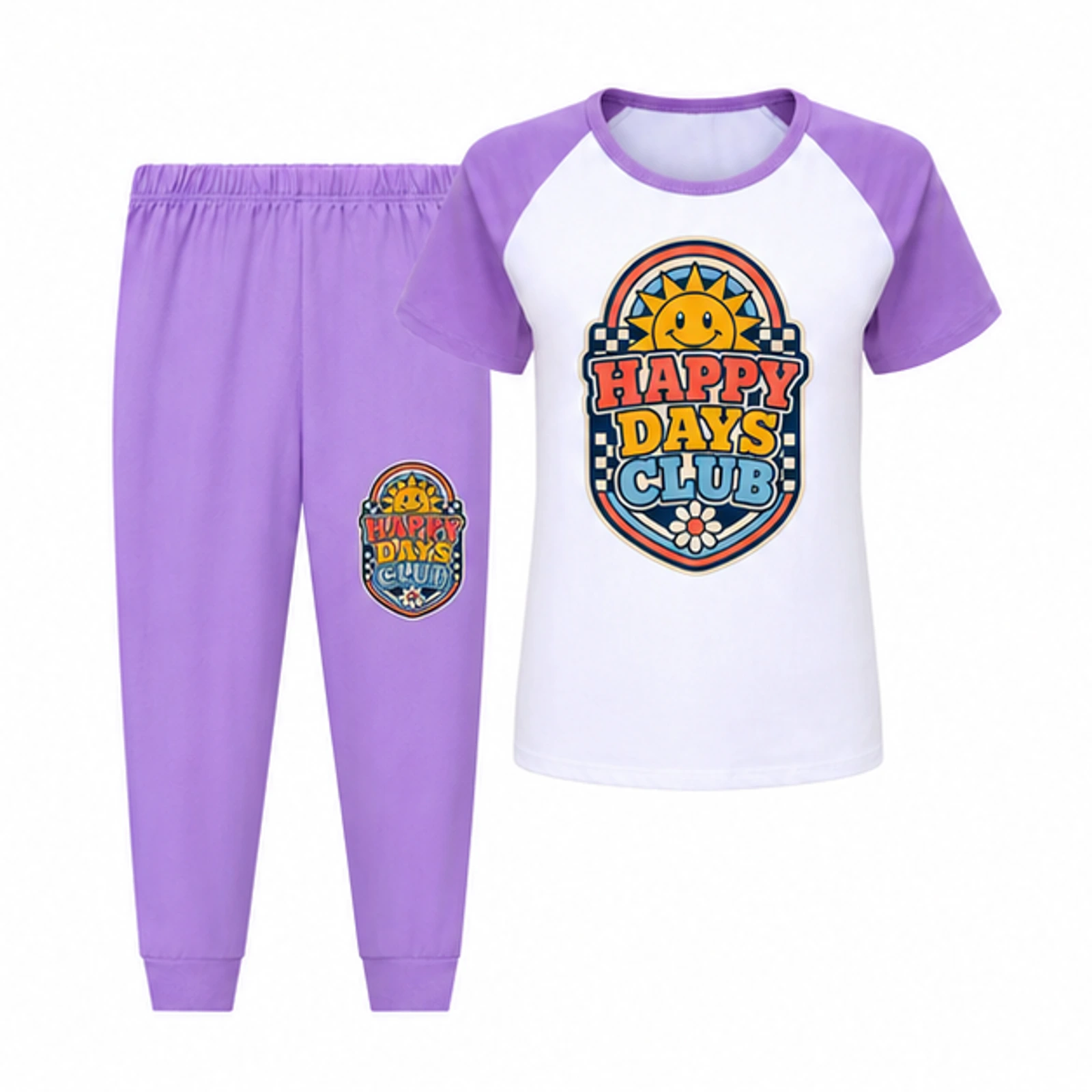 Happy Days Club Custom Kids Short-Sleeve Top and Long Pants Sports Set, AI-redrawn from the exact blank product and approved logo reference, alternate clean ecommerce view