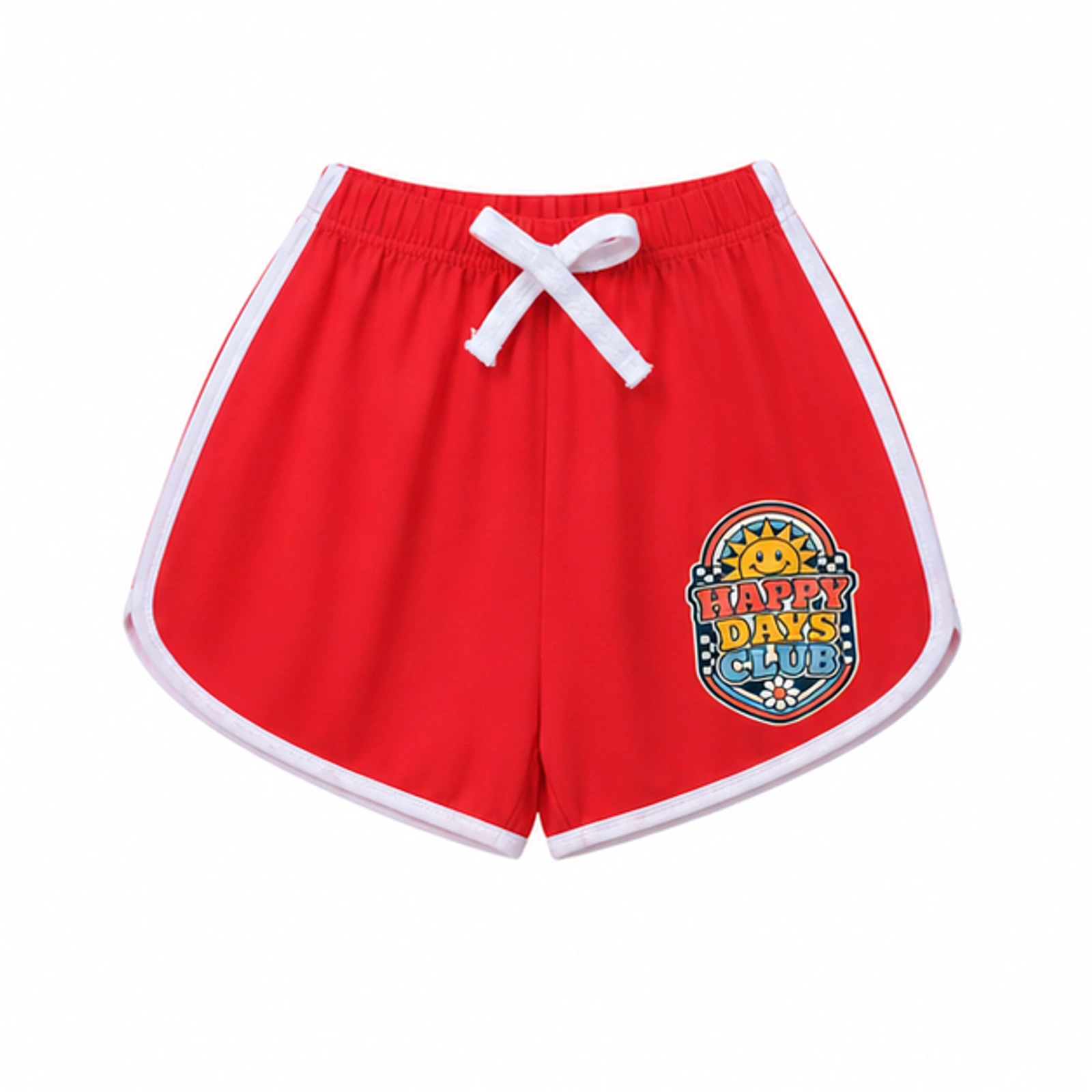Red option for Happy Days Club Custom Kids Milk-Silk Pajama Shorts, AI-redrawn from the exact blank product and approved logo reference