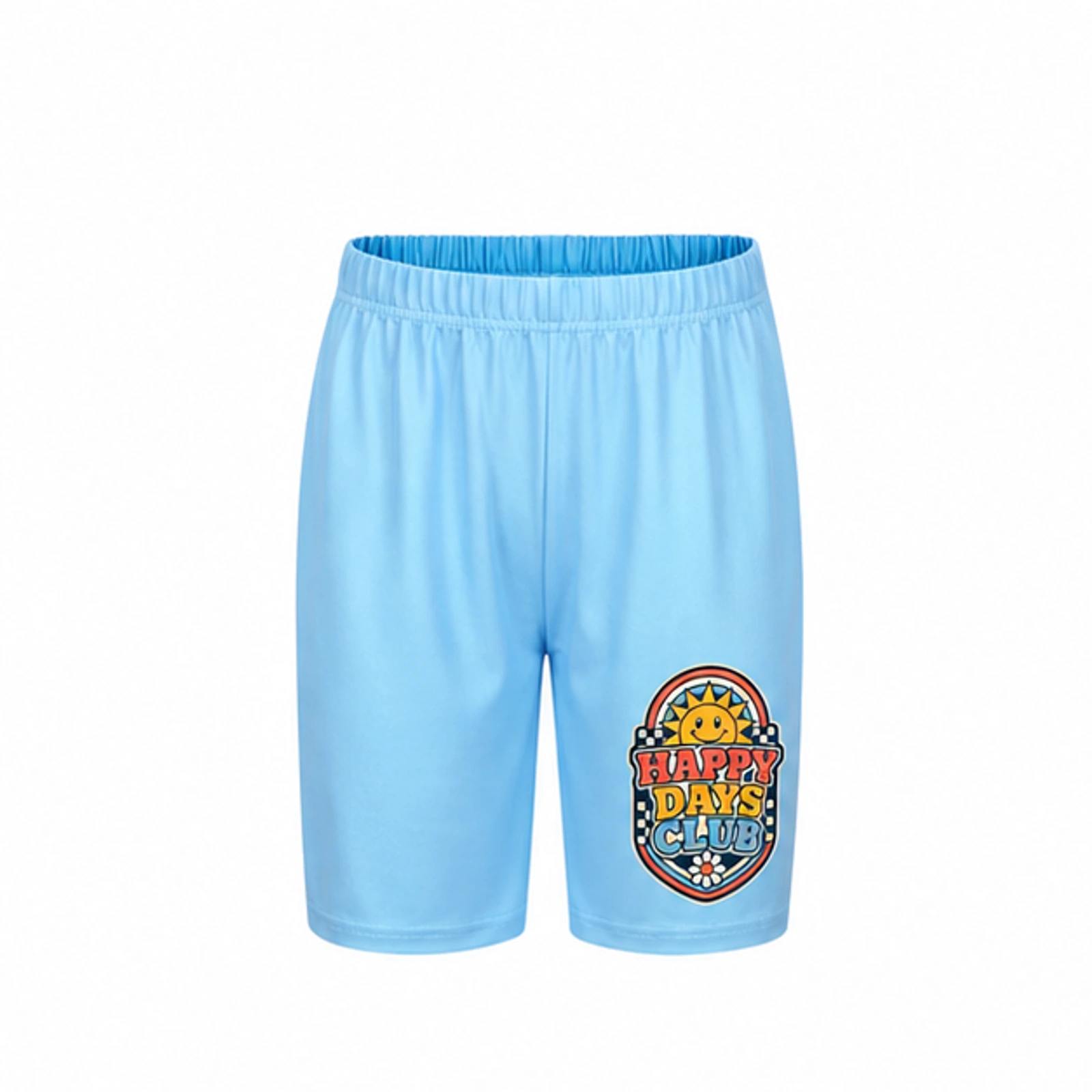 Happy Days Club Custom Kids Milk-Silk Pajama Shorts, AI-redrawn from the exact blank product and approved logo reference