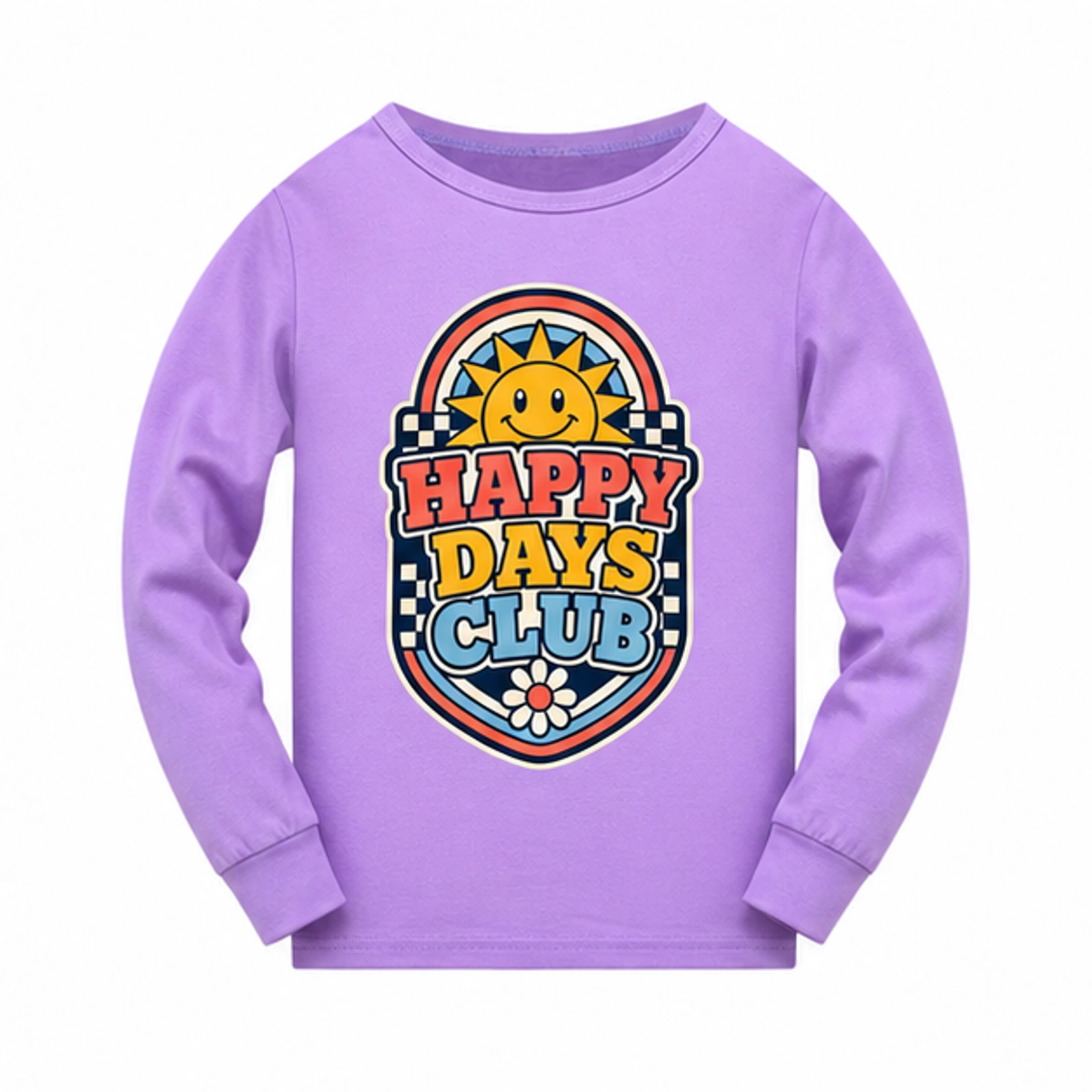 Purple · Pajama Top option for Happy Days Club Custom Kids Long-Sleeve Pajama Top, AI-redrawn from the exact blank product and approved logo reference