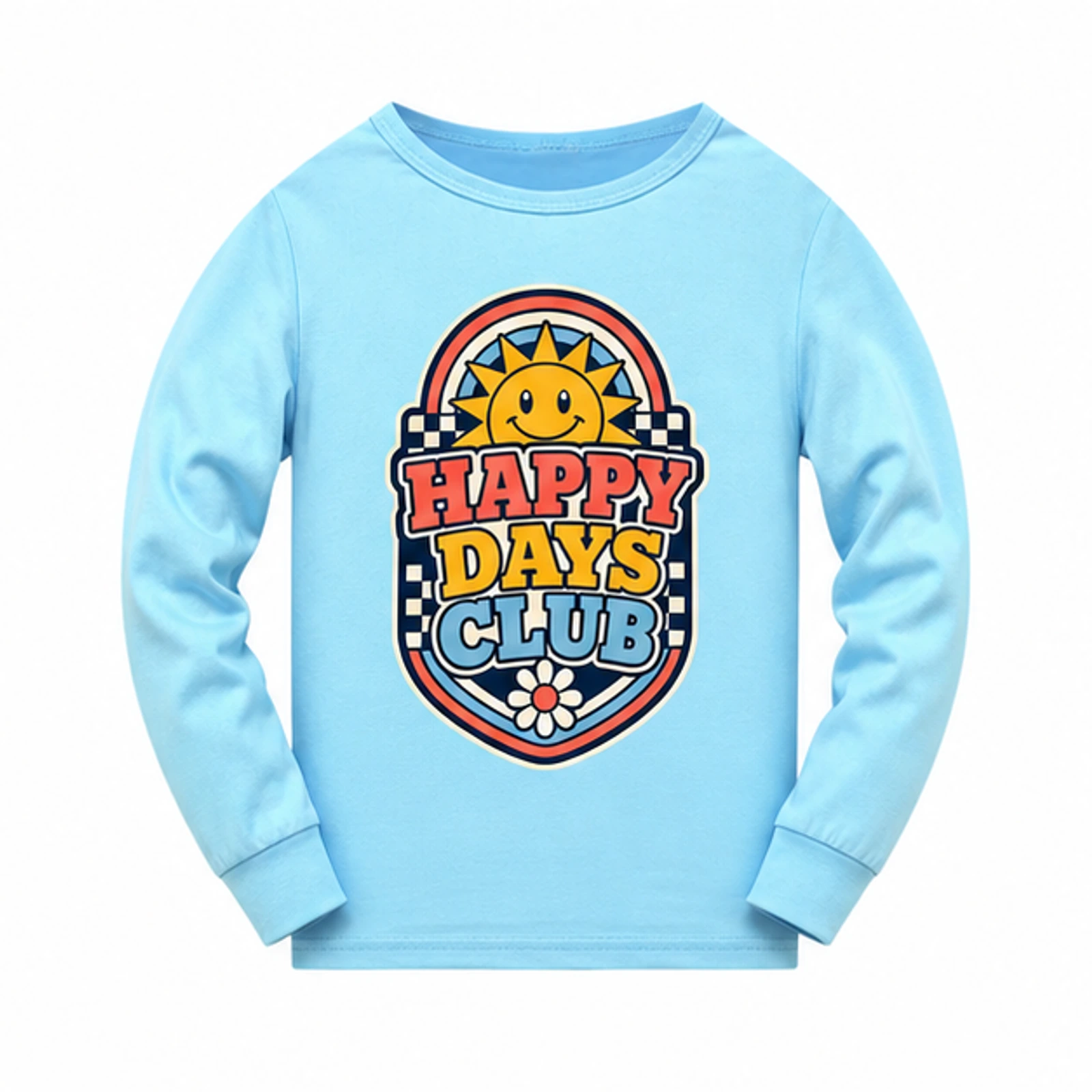 Happy Days Club Custom Kids Long-Sleeve Pajama Top, AI-redrawn from the exact blank product and approved logo reference, alternate approved color view