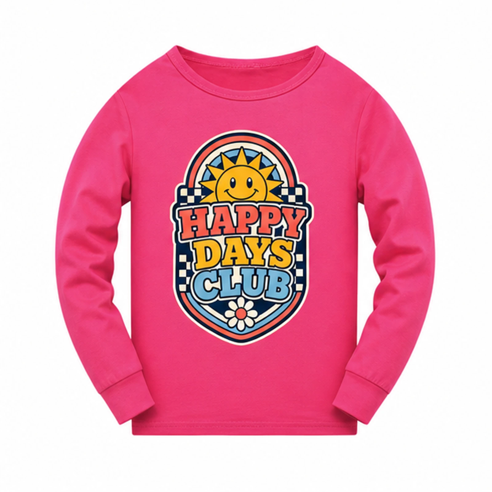 Happy Days Club Custom Kids Long-Sleeve Pajama Top, AI-redrawn from the exact blank product and approved logo reference, alternate clean ecommerce view