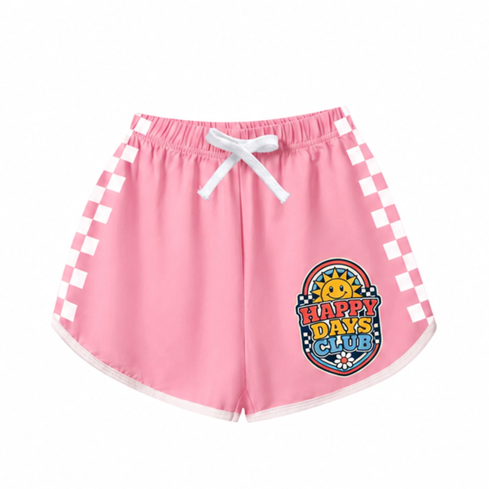 Happy Days Club Custom Kids Checker-Stripe Pajama Shorts, AI-redrawn from the exact blank product and approved logo reference, alternate approved color view