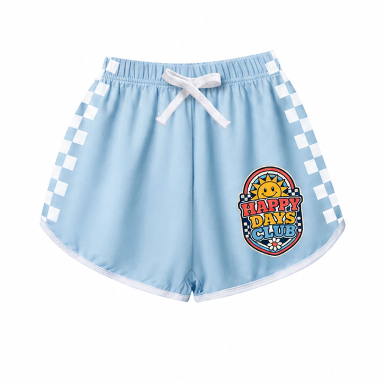 Happy Days Club Custom Kids Checker-Stripe Pajama Shorts, AI-redrawn from the exact blank product and approved logo reference, alternate clean ecommerce view