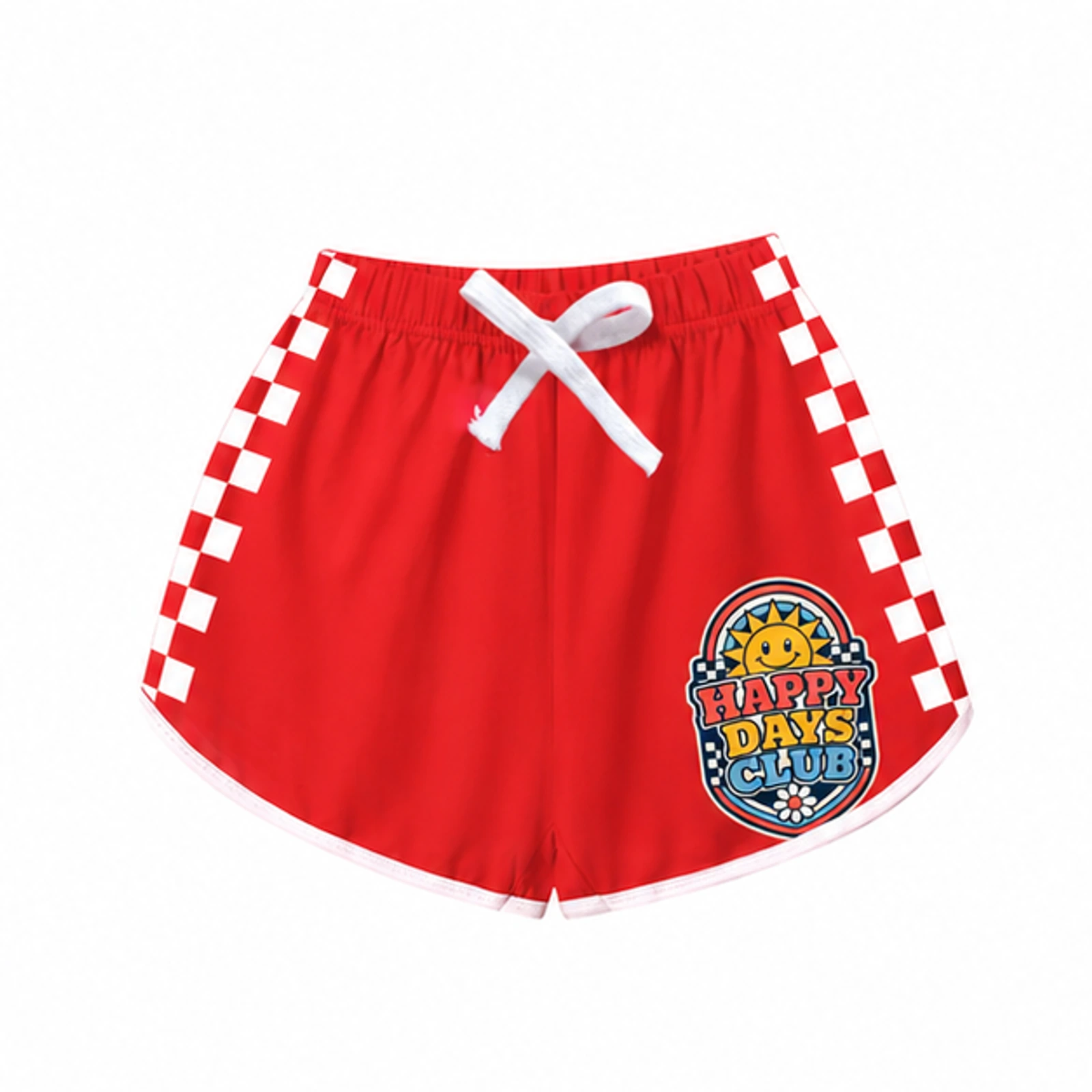 Happy Days Club Custom Kids Checker-Stripe Pajama Shorts, AI-redrawn from the exact blank product and approved logo reference