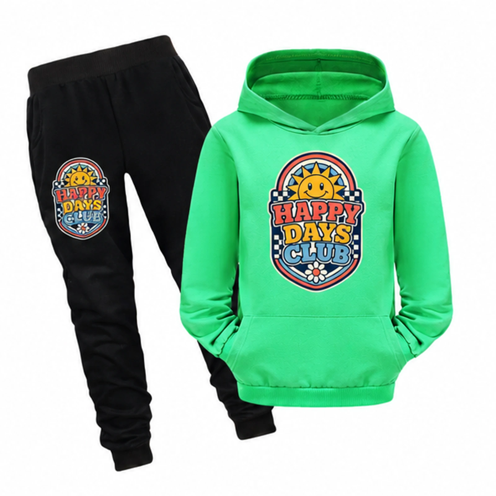 Happy Days Club Custom Kids Pullover Hoodie and Jogger Set, AI-redrawn from the exact blank product and approved logo reference, alternate approved color view