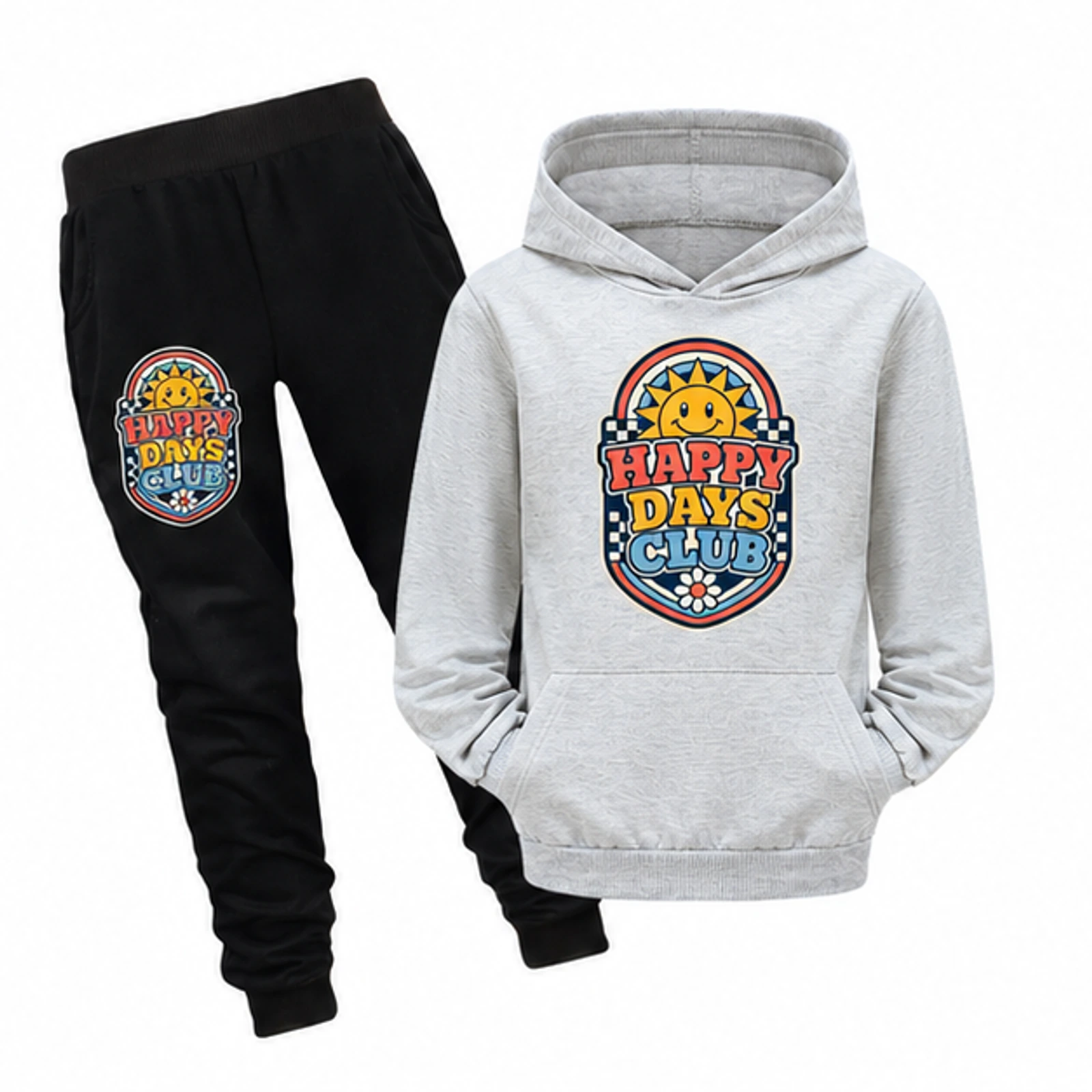 Happy Days Club Custom Kids Pullover Hoodie and Jogger Set, AI-redrawn from the exact blank product and approved logo reference, alternate clean ecommerce view