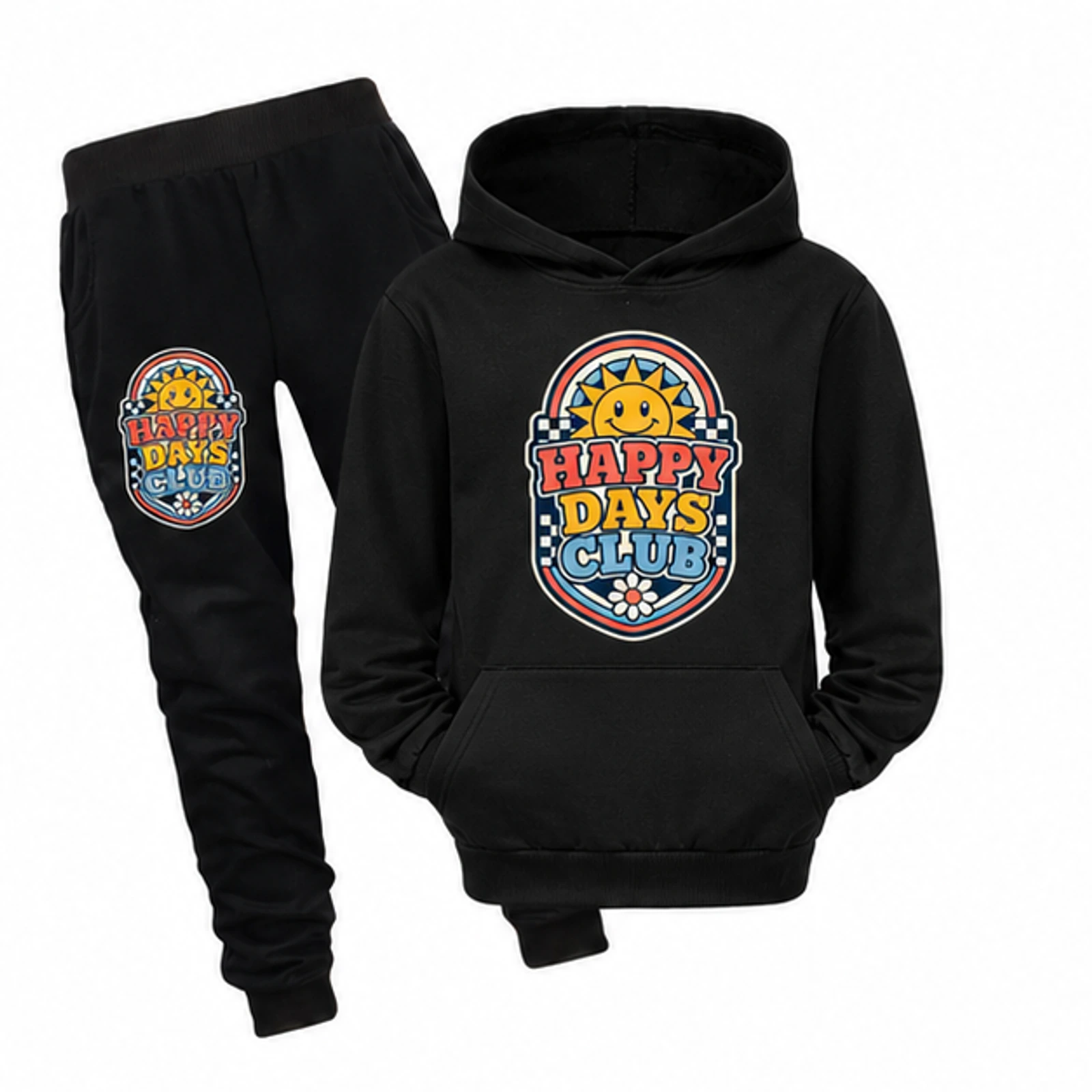 Happy Days Club Custom Kids Pullover Hoodie and Jogger Set, AI-redrawn from the exact blank product and approved logo reference