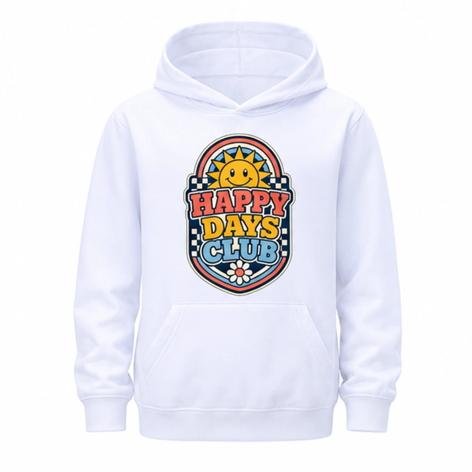 White option for Happy Days Club Custom Kids Pullover Hoodie, AI-redrawn from the exact blank product and approved logo reference