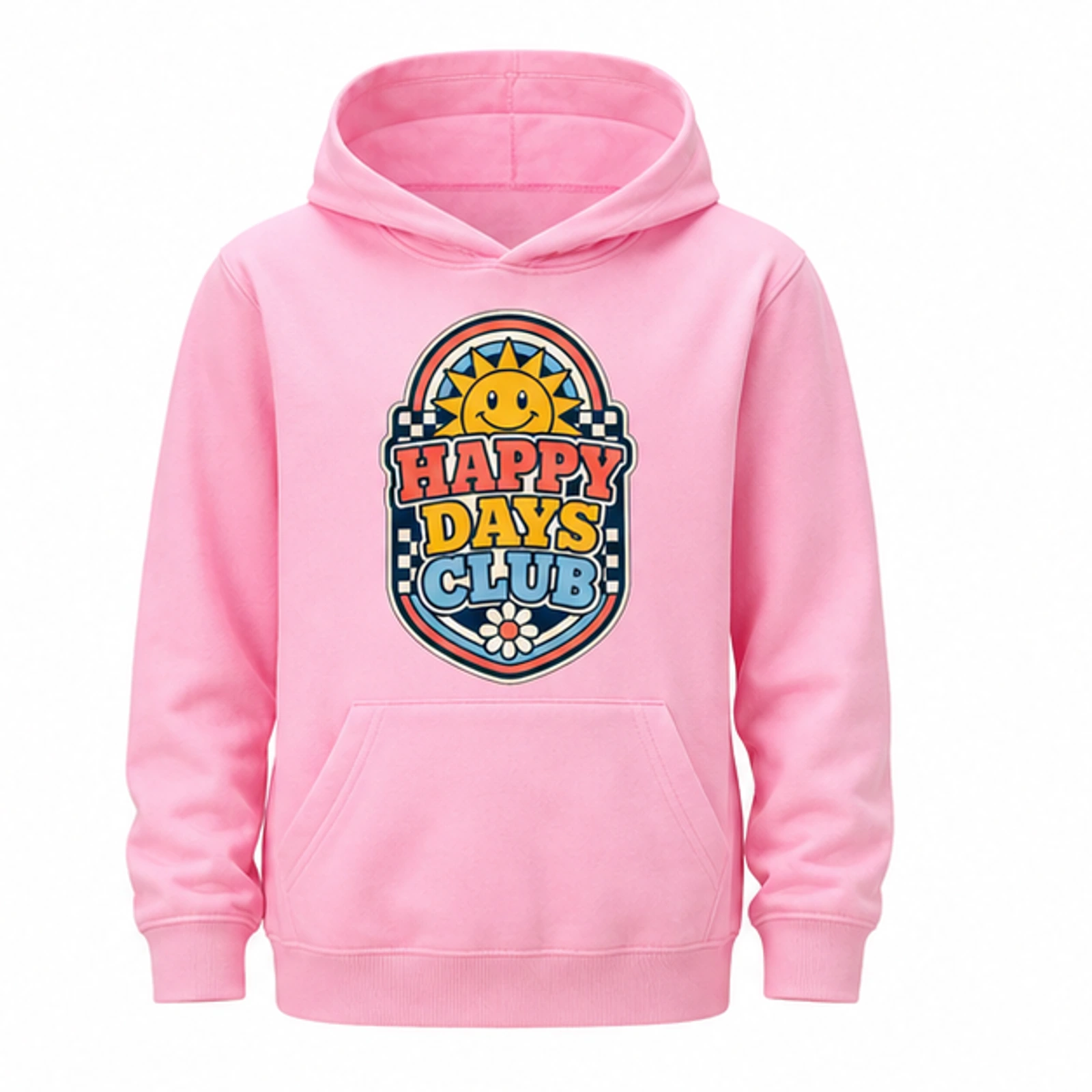 Pink option for Happy Days Club Custom Kids Pullover Hoodie, AI-redrawn from the exact blank product and approved logo reference