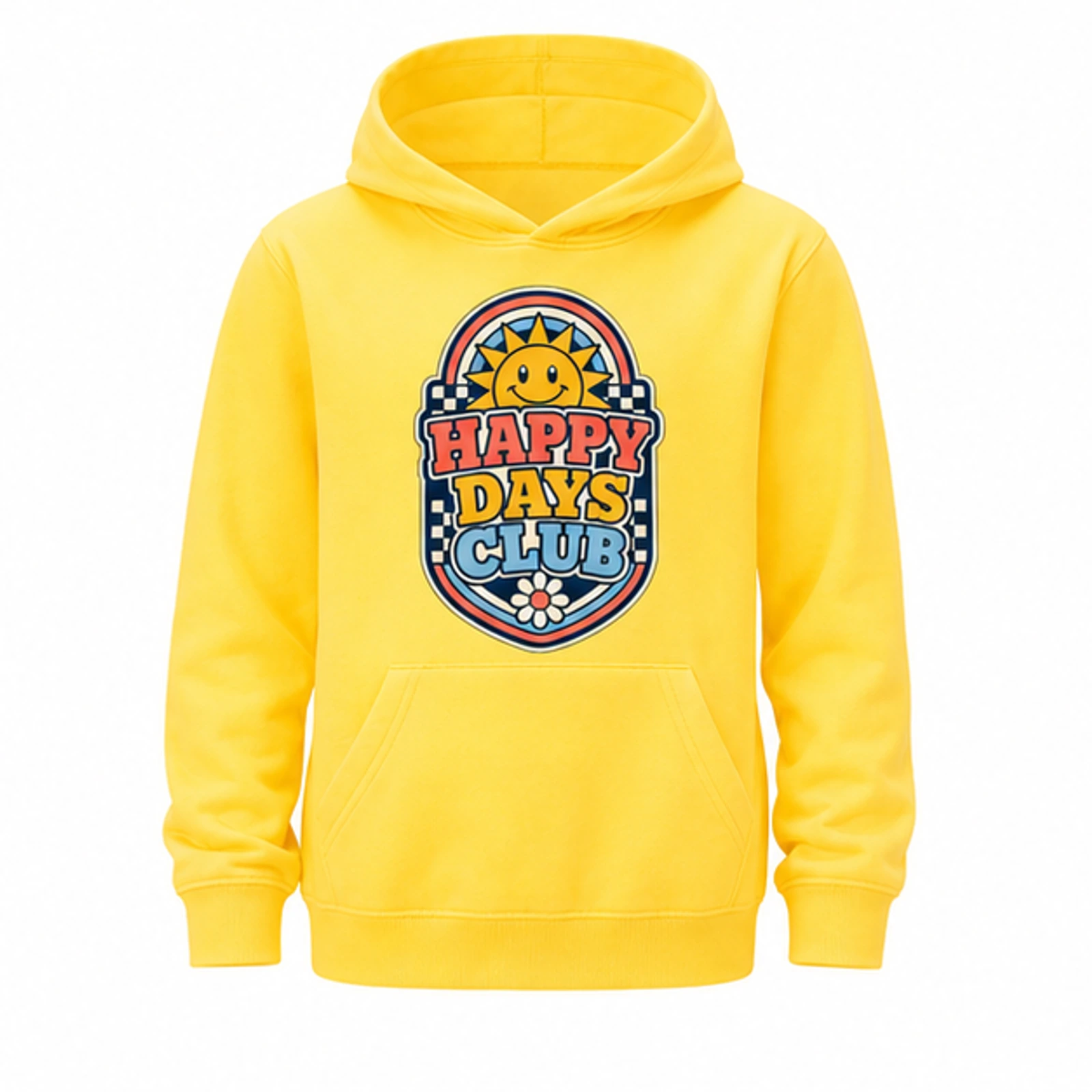 Happy Days Club Custom Kids Pullover Hoodie, AI-redrawn from the exact blank product and approved logo reference, alternate clean ecommerce view