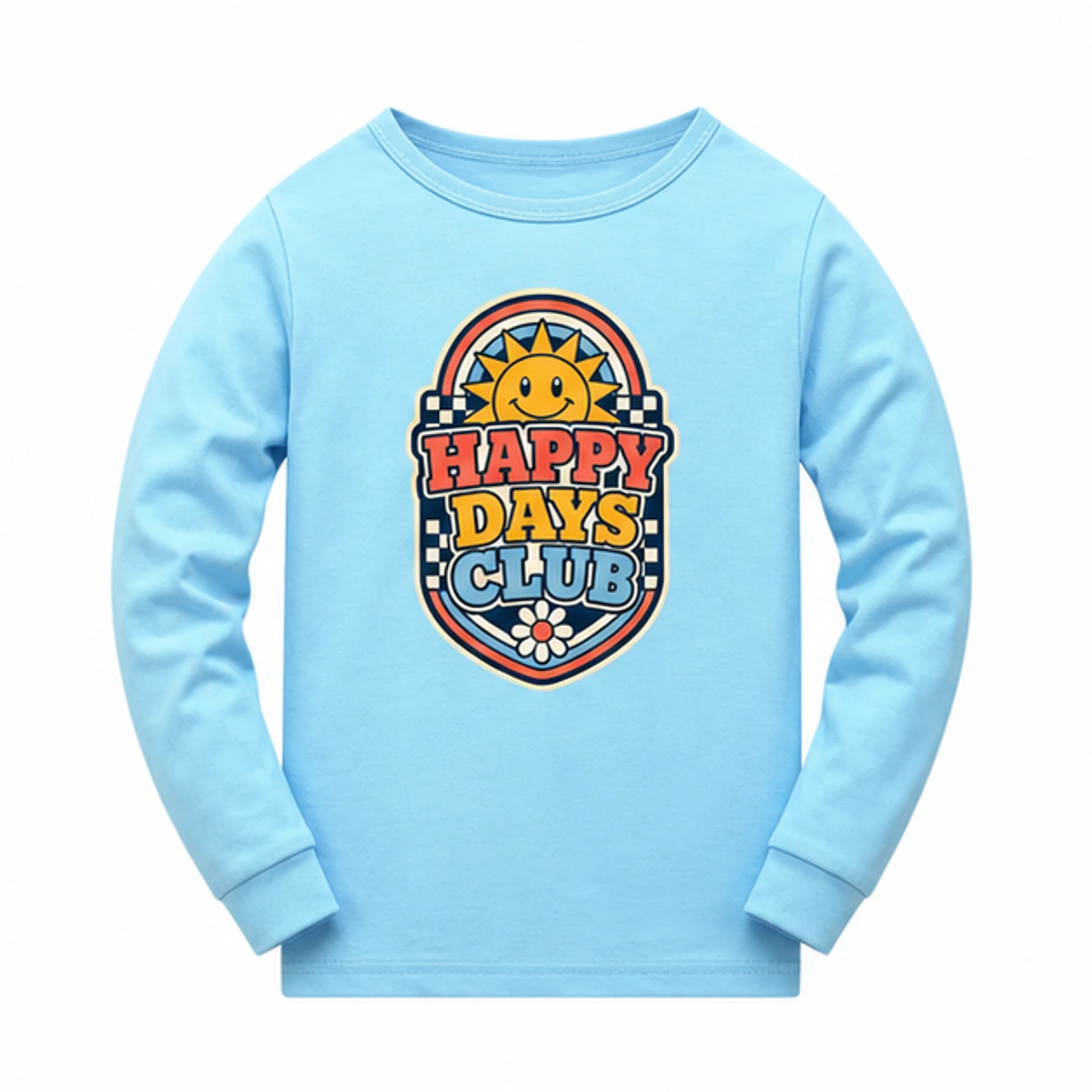 Light Blue · Long-Sleeve Style option for Happy Days Club Custom Kids Soft Long-Sleeve Top, AI-redrawn from the exact blank product and approved logo reference