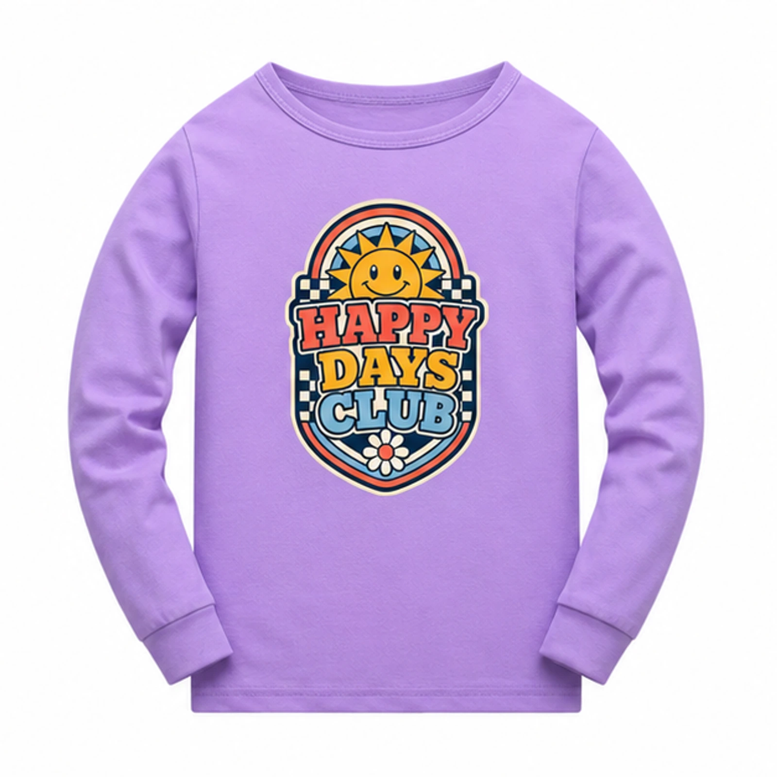 Purple · Long-Sleeve Style option for Happy Days Club Custom Kids Soft Long-Sleeve Top, AI-redrawn from the exact blank product and approved logo reference