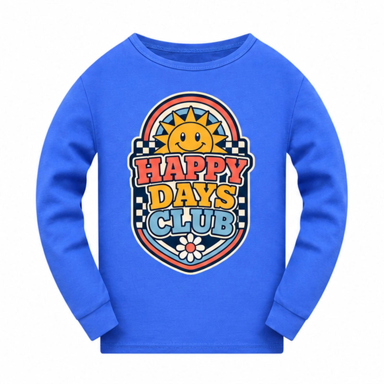 Blue · Long-Sleeve Style option for Happy Days Club Custom Kids Soft Long-Sleeve Top, AI-redrawn from the exact blank product and approved logo reference