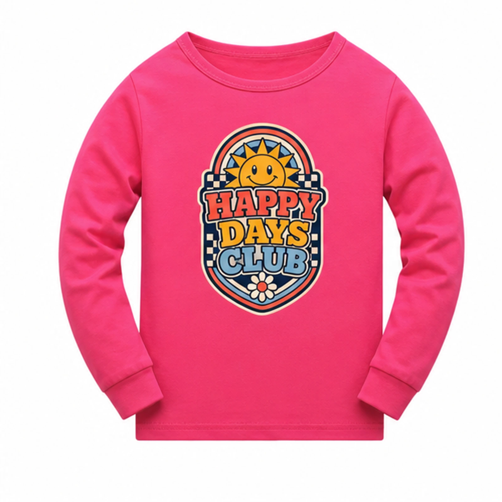 Happy Days Club Custom Kids Soft Long-Sleeve Top, AI-redrawn from the exact blank product and approved logo reference, alternate clean ecommerce view