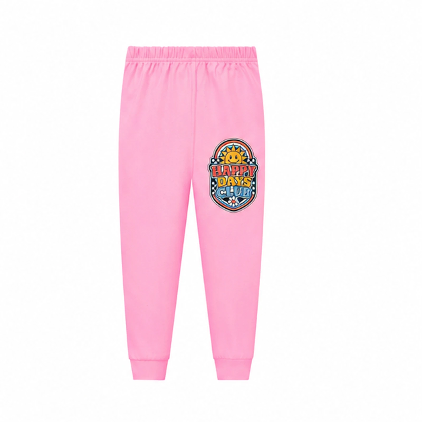 Pink · Pajama Pants option for Happy Days Club Custom Kids Soft Pajama Pants, AI-redrawn from the exact blank product and approved logo reference