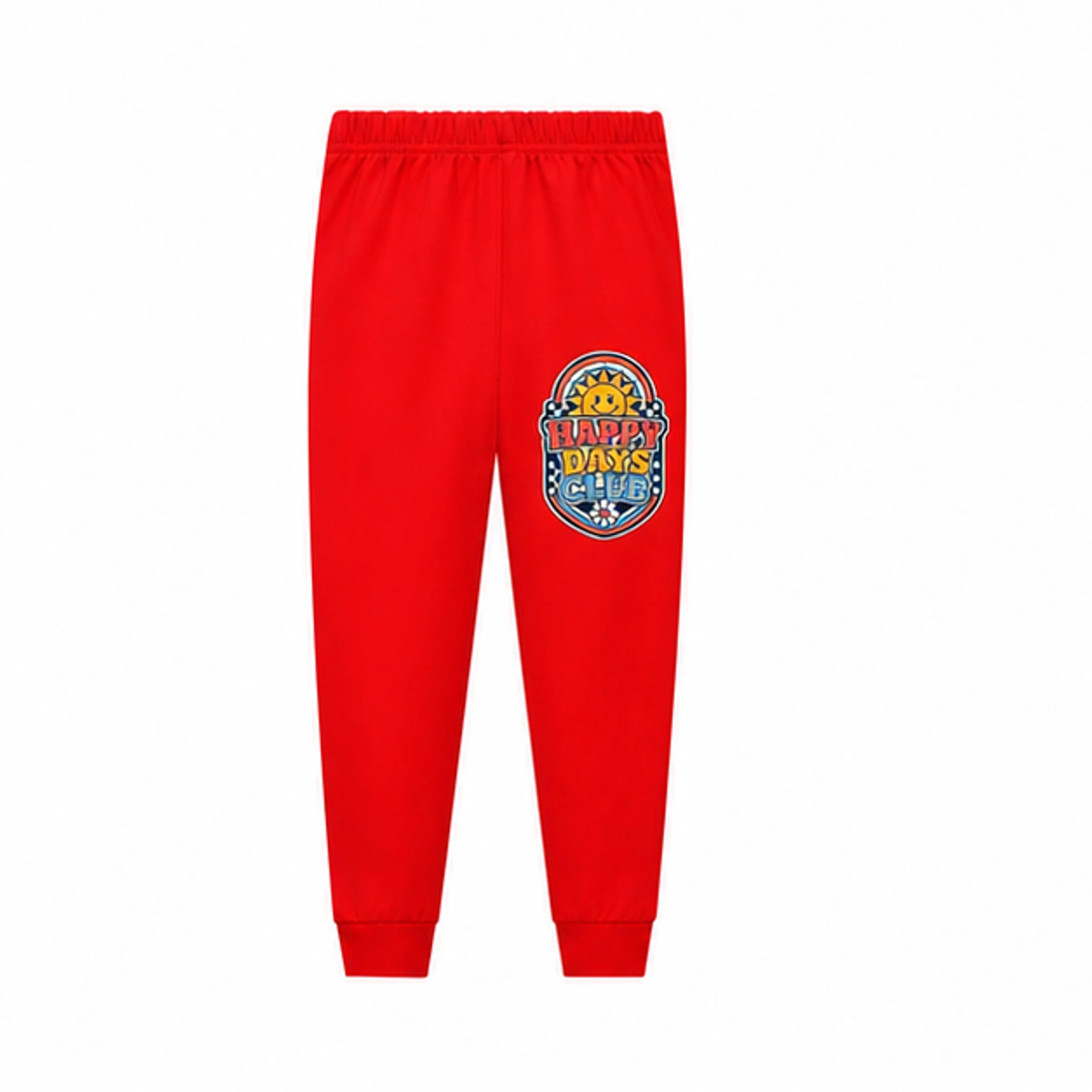 Happy Days Club Custom Kids Soft Pajama Pants, AI-redrawn from the exact blank product and approved logo reference, alternate clean ecommerce view