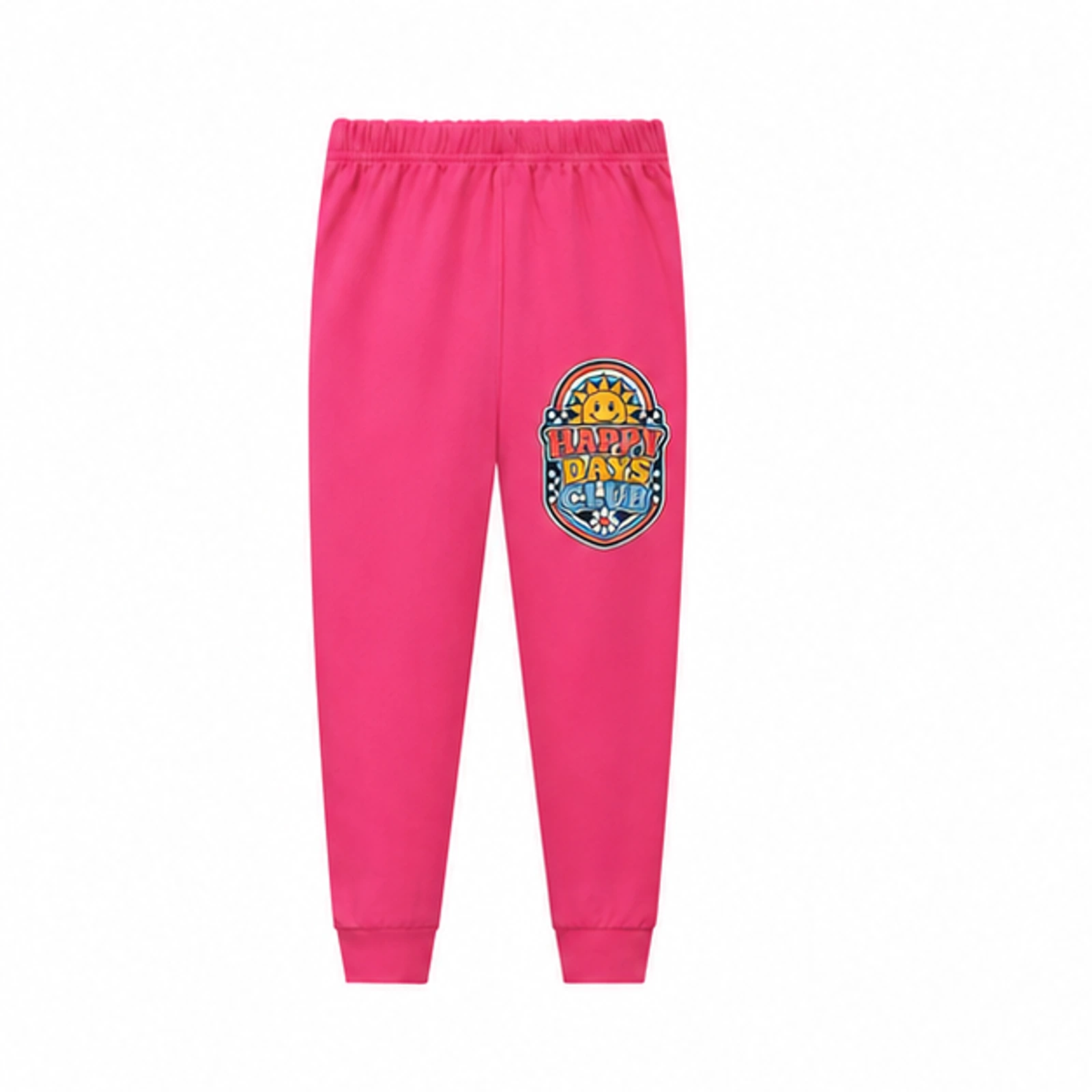 Happy Days Club Custom Kids Soft Pajama Pants, AI-redrawn from the exact blank product and approved logo reference