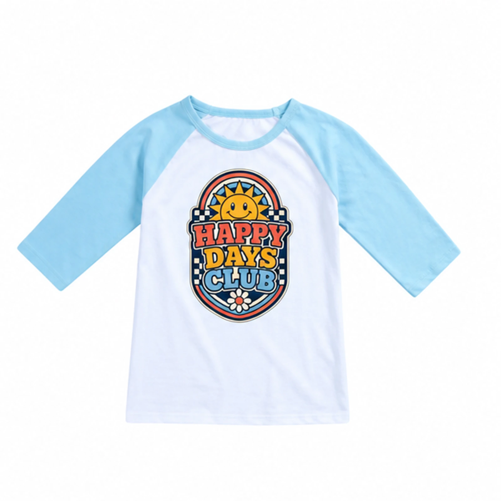 Happy Days Club Custom Kids Soft Three-Quarter-Sleeve Top — Alternate Style, AI-redrawn from the exact blank product and approved logo reference, alternate approved color view