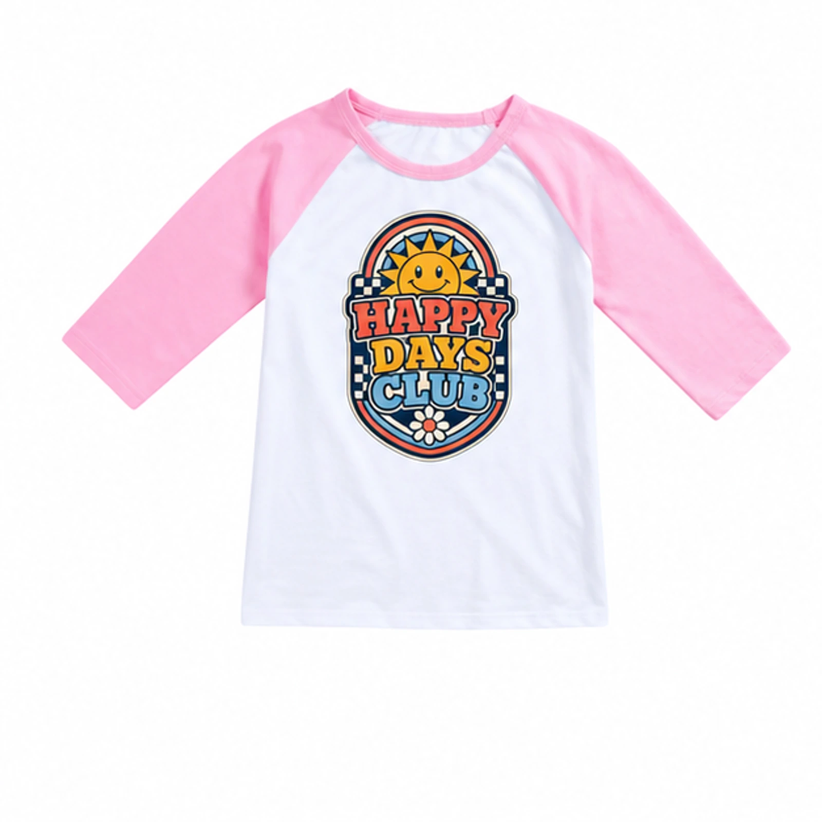 Happy Days Club Custom Kids Soft Three-Quarter-Sleeve Top — Alternate Style, AI-redrawn from the exact blank product and approved logo reference, alternate clean ecommerce view
