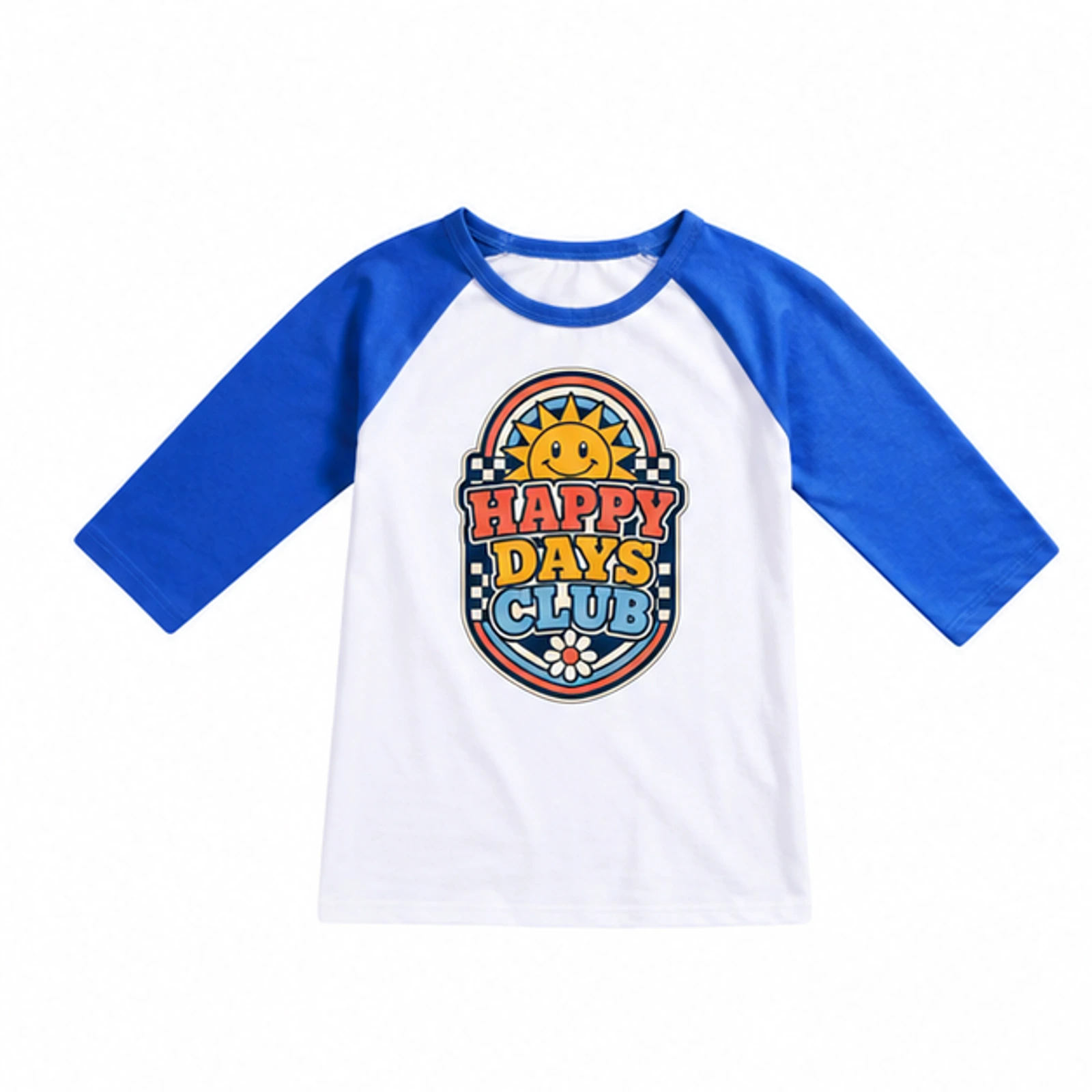 Happy Days Club Custom Kids Soft Three-Quarter-Sleeve Top — Alternate Style, AI-redrawn from the exact blank product and approved logo reference