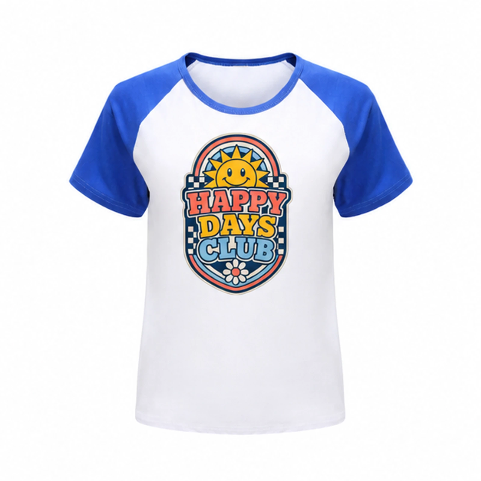 Blue · Short-Sleeve Style option for Happy Days Club Custom Kids Soft Short-Sleeve Top, AI-redrawn from the exact blank product and approved logo reference