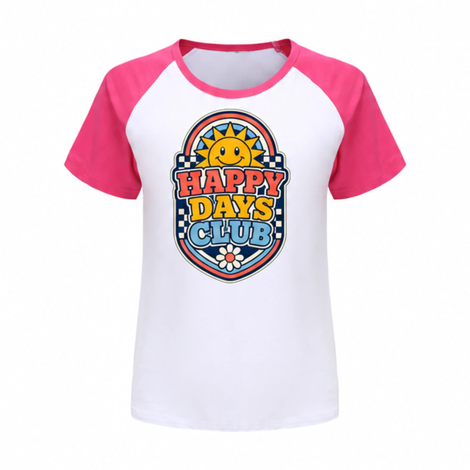 Happy Days Club Custom Kids Soft Short-Sleeve Top, AI-redrawn from the exact blank product and approved logo reference, alternate clean ecommerce view