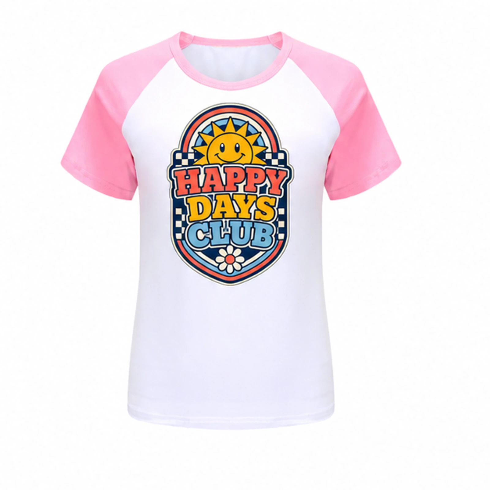 Happy Days Club Custom Kids Soft Short-Sleeve Top, AI-redrawn from the exact blank product and approved logo reference