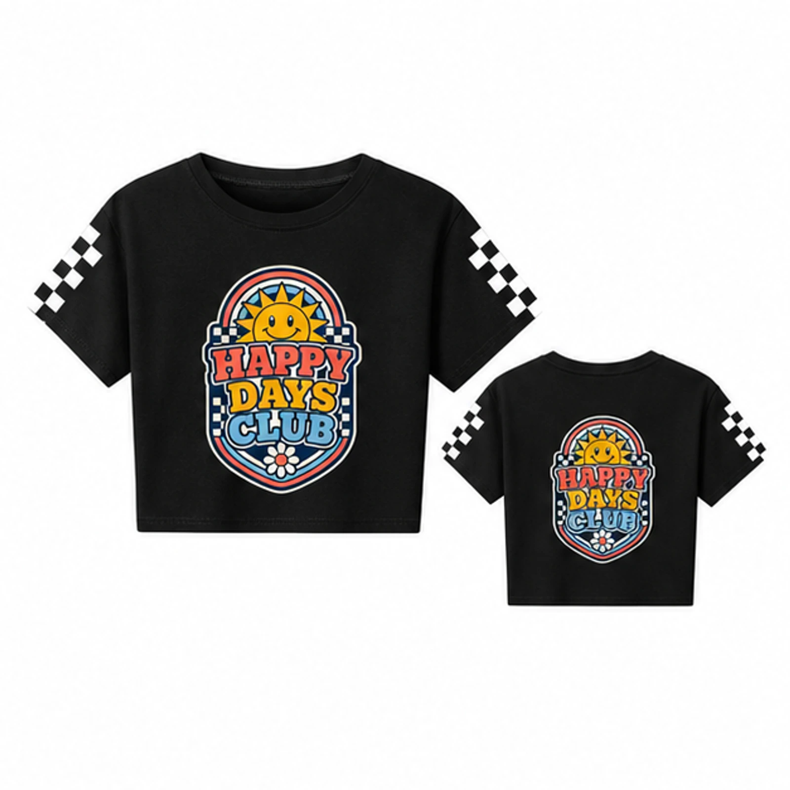 Happy Days Club Custom Kids Checker-Sleeve Cropped Short-Sleeve Top, AI-redrawn from the exact blank product and approved logo reference, alternate approved color view