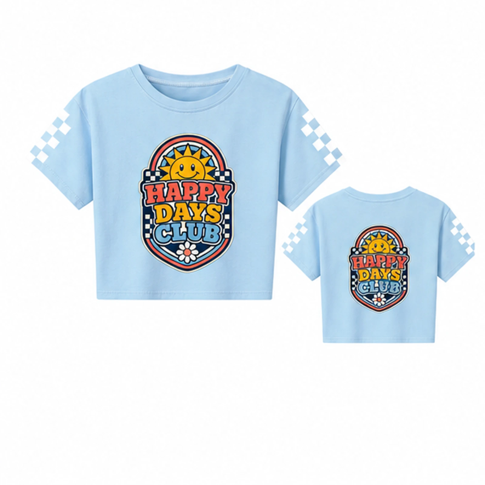 Happy Days Club Custom Kids Checker-Sleeve Cropped Short-Sleeve Top, AI-redrawn from the exact blank product and approved logo reference, alternate clean ecommerce view
