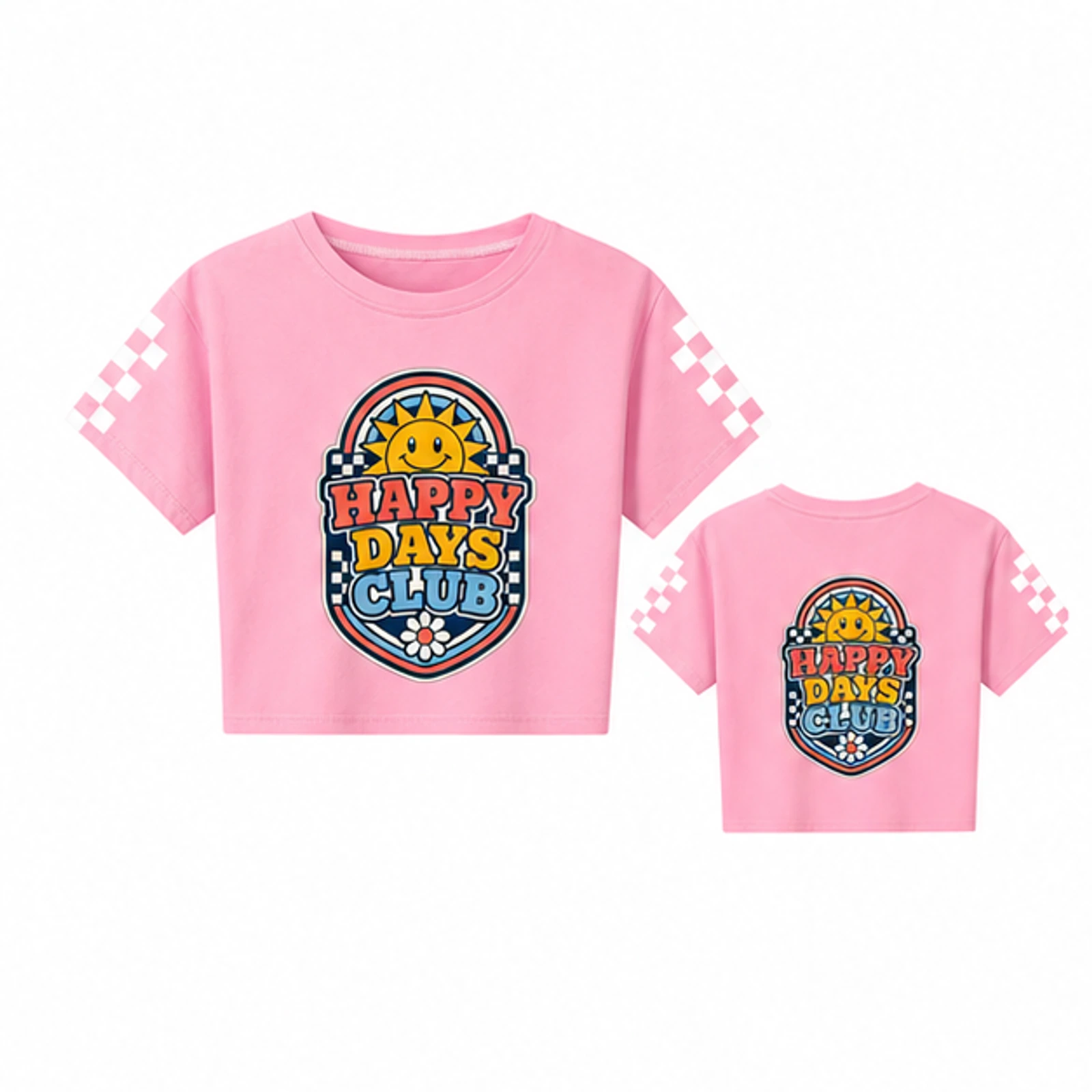 Happy Days Club Custom Kids Checker-Sleeve Cropped Short-Sleeve Top, AI-redrawn from the exact blank product and approved logo reference
