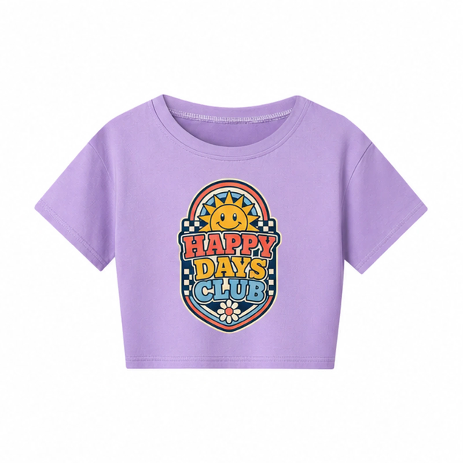 Purple option for Happy Days Club Custom Kids Cropped Short-Sleeve Top, AI-redrawn from the exact blank product and approved logo reference