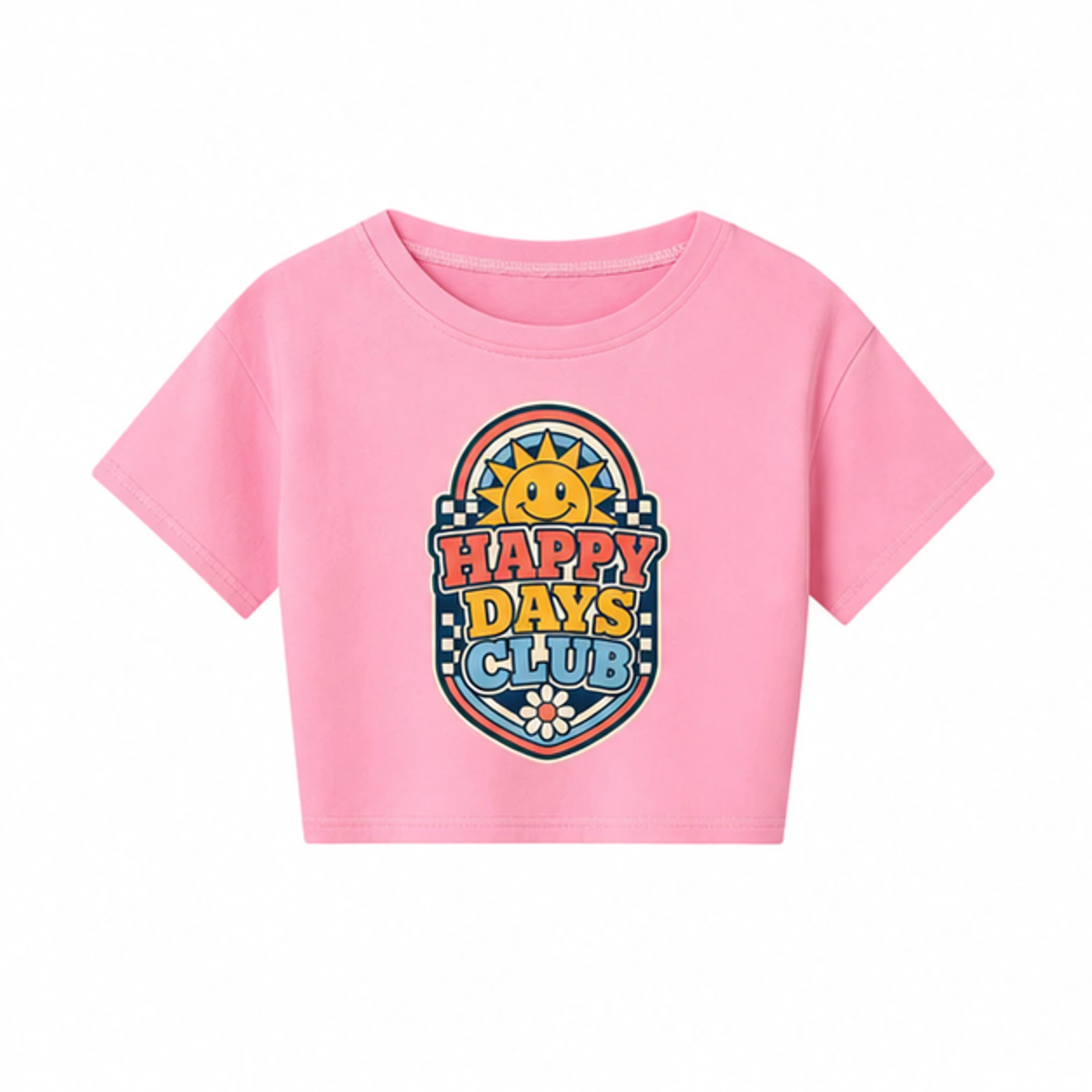 Happy Days Club Custom Kids Cropped Short-Sleeve Top, AI-redrawn from the exact blank product and approved logo reference, alternate clean ecommerce view