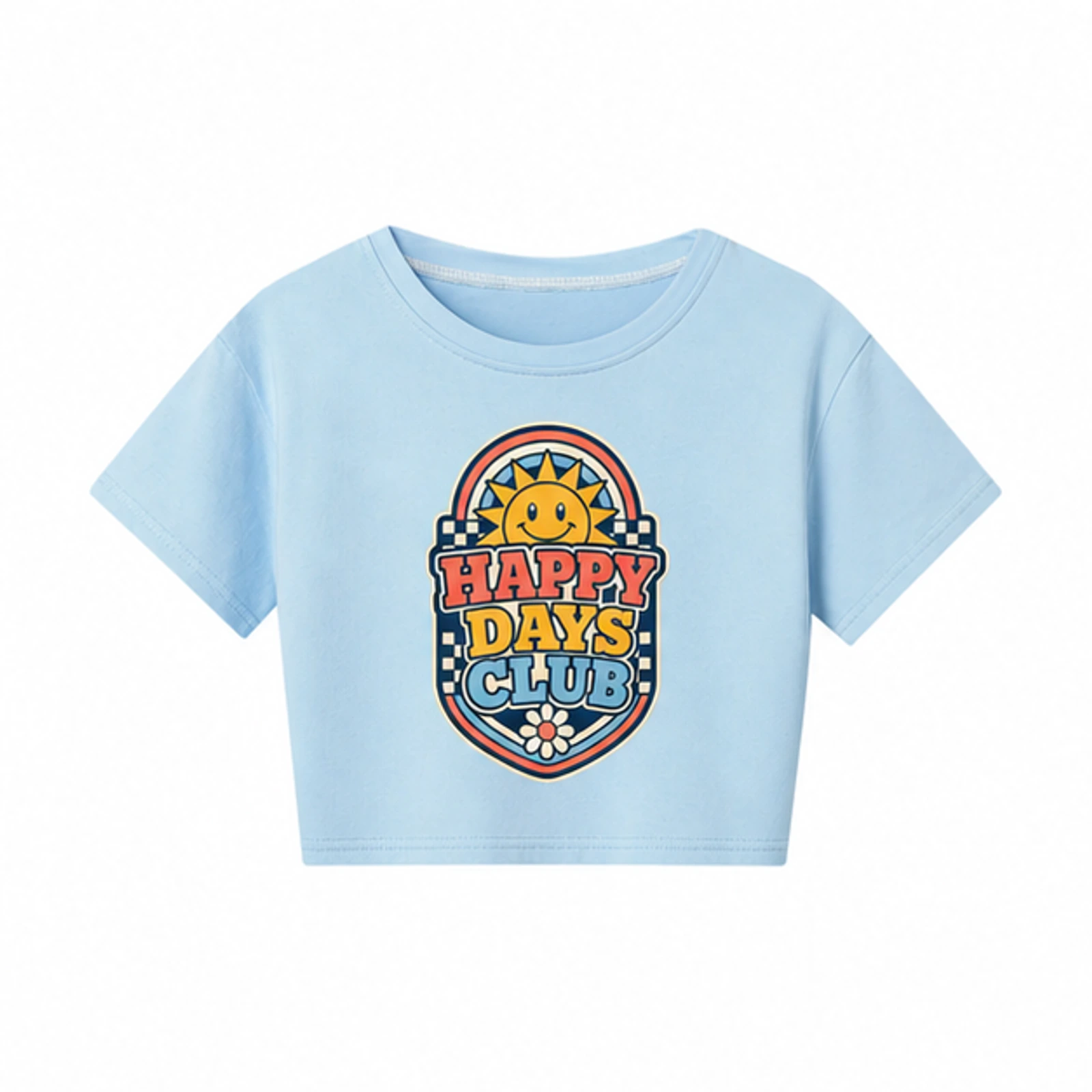 Happy Days Club Custom Kids Cropped Short-Sleeve Top, AI-redrawn from the exact blank product and approved logo reference