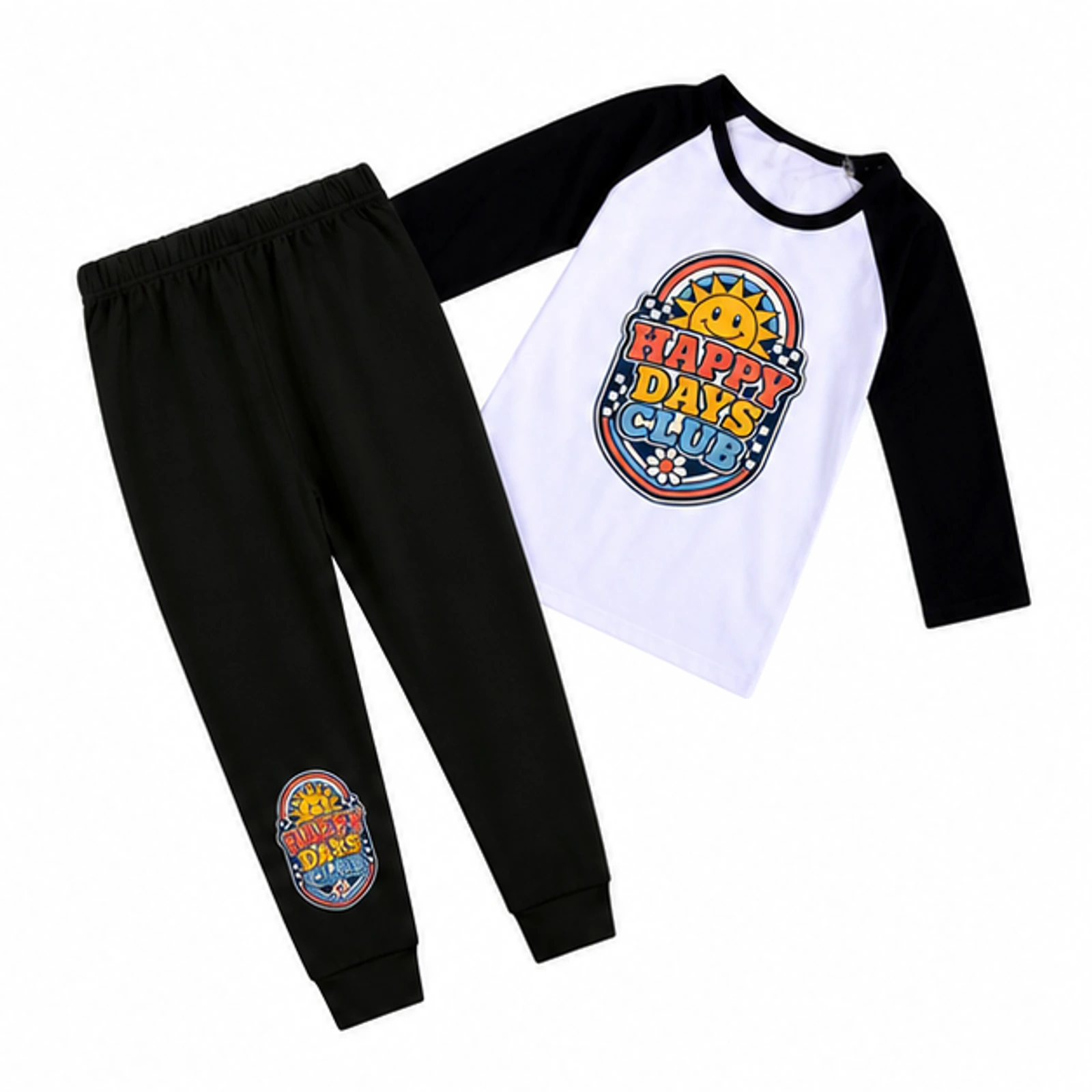 Happy Days Club Custom Kids Three-Quarter-Sleeve Raglan Top & Pants Set, AI-redrawn from the exact blank product and approved logo reference, alternate approved color view