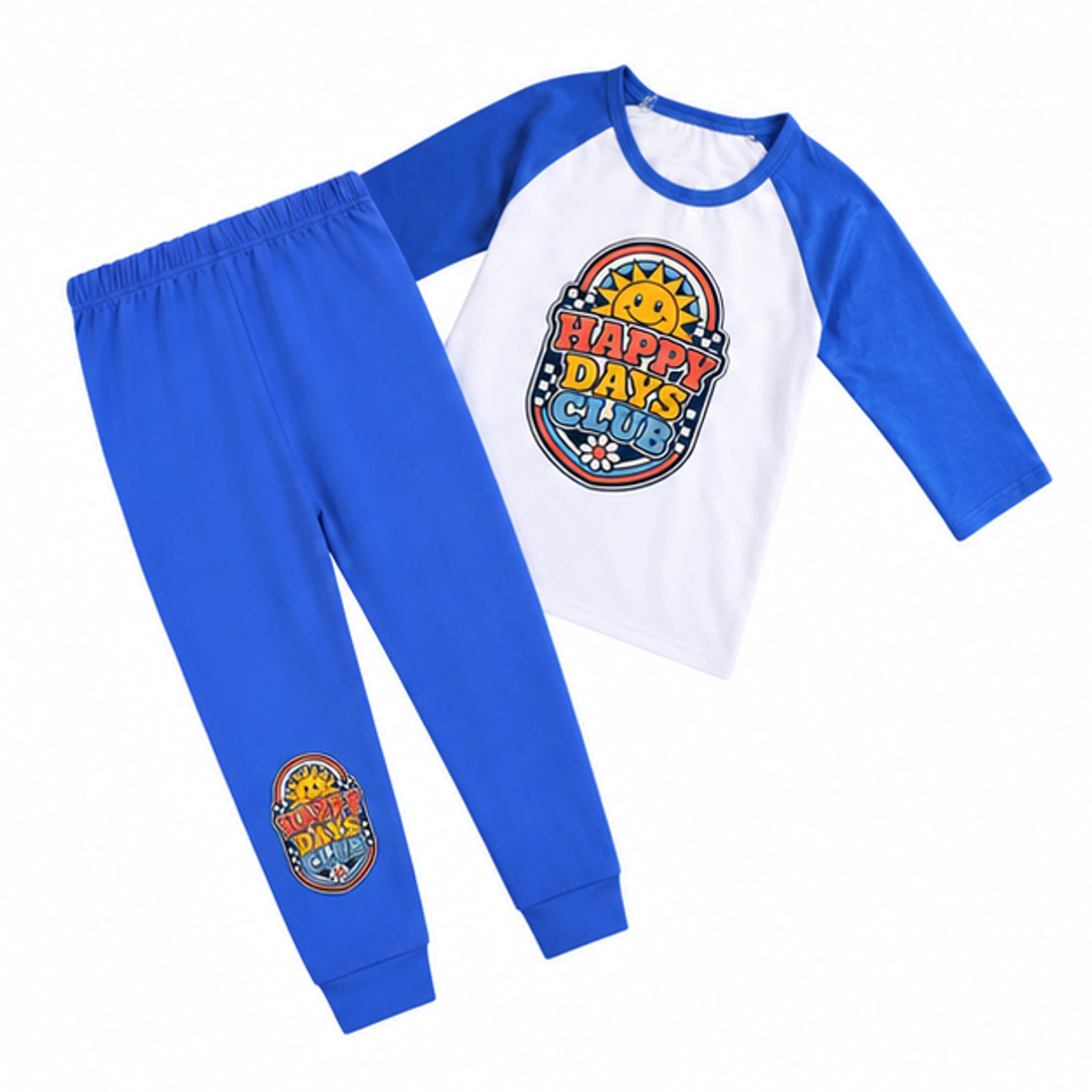 Happy Days Club Custom Kids Three-Quarter-Sleeve Raglan Top & Pants Set, AI-redrawn from the exact blank product and approved logo reference, alternate clean ecommerce view
