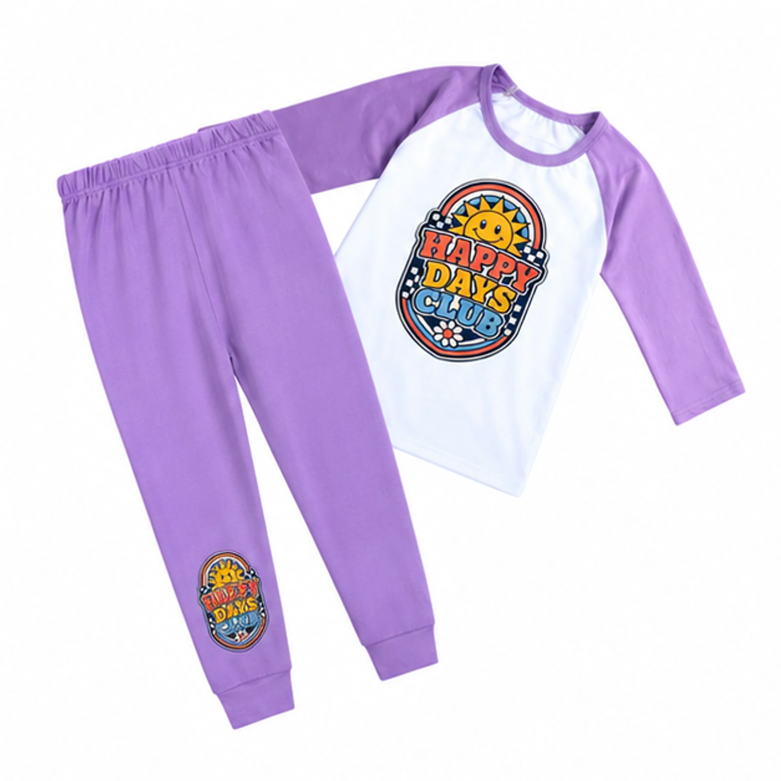 Happy Days Club Custom Kids Three-Quarter-Sleeve Raglan Top & Pants Set, AI-redrawn from the exact blank product and approved logo reference
