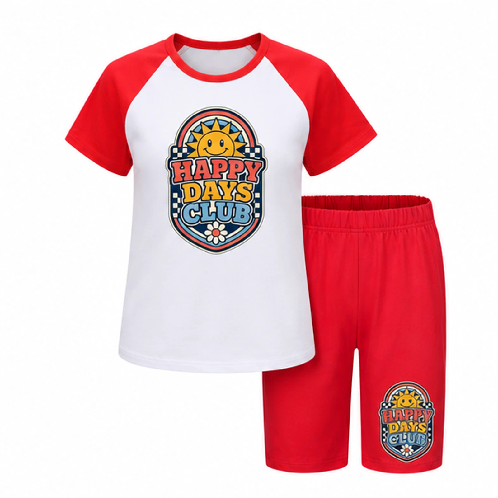Red option for Happy Days Club Custom Kids Summer Sports Set, AI-redrawn from the exact blank product and approved logo reference