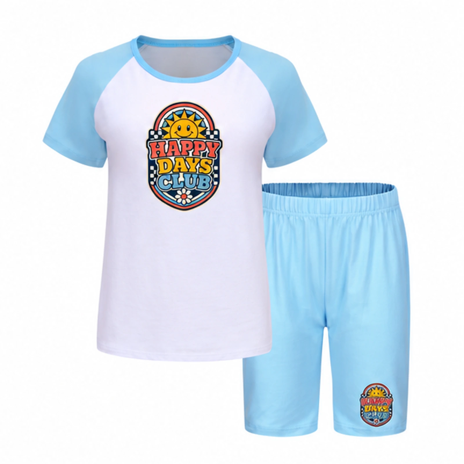 Happy Days Club Custom Kids Summer Sports Set, AI-redrawn from the exact blank product and approved logo reference, alternate approved color view