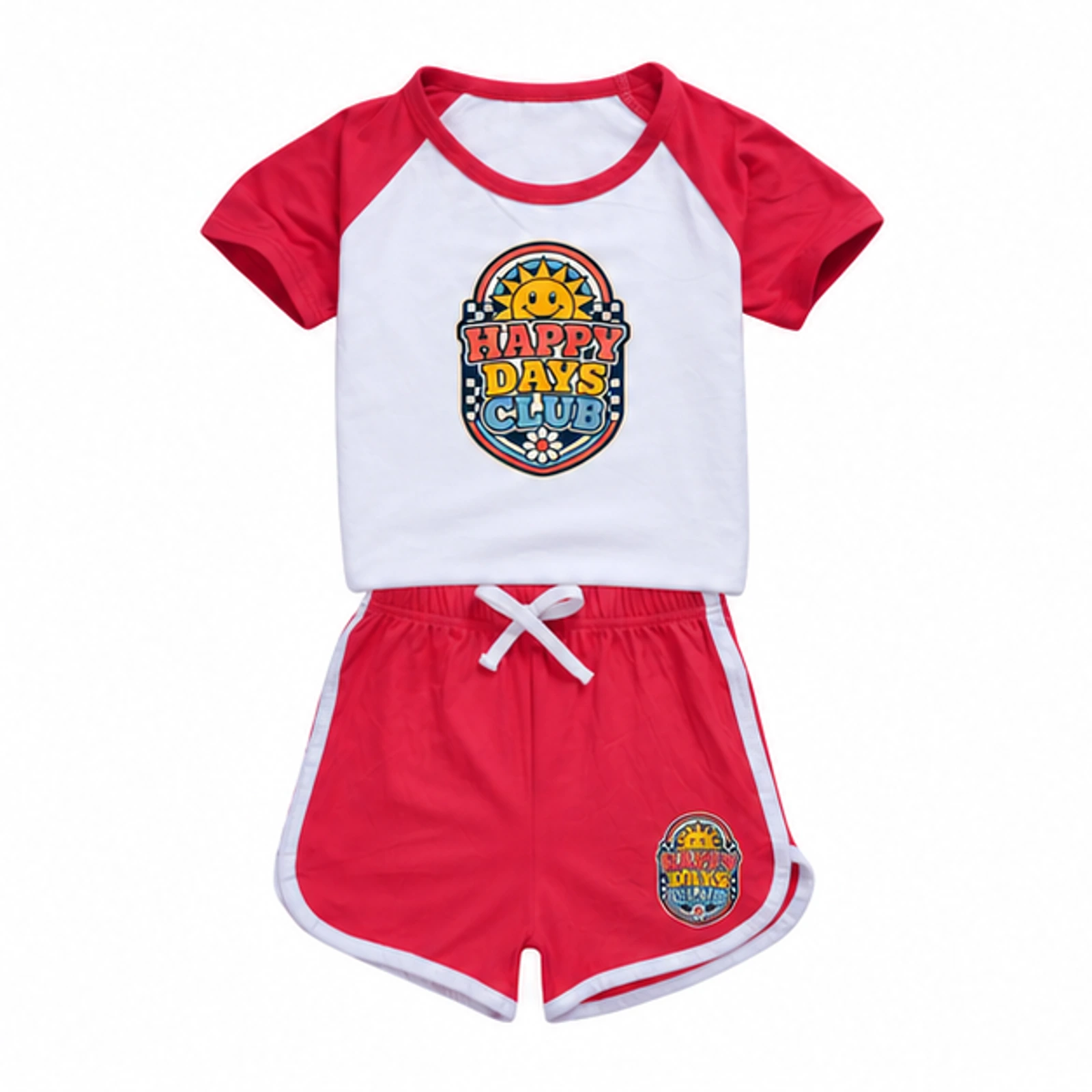 Happy Days Club Custom Kids Summer Sports Set, AI-redrawn from the exact blank product and approved logo reference, alternate clean ecommerce view