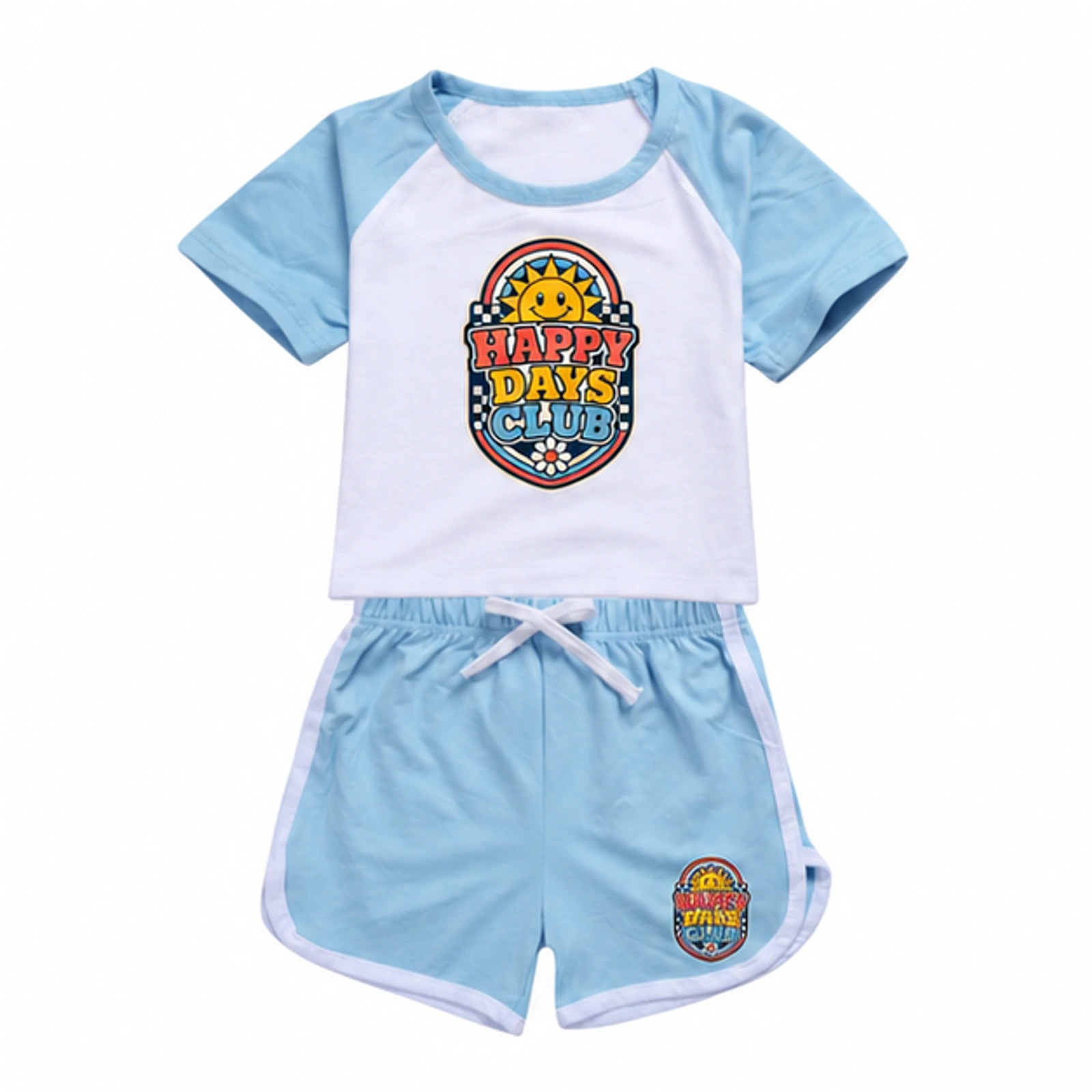 Happy Days Club Custom Kids Summer Sports Set, AI-redrawn from the exact blank product and approved logo reference