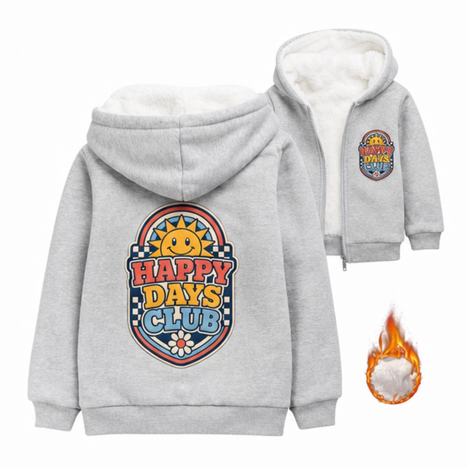 Happy Days Club Custom Kids Thick Zip Winter Jacket, AI-redrawn from the exact blank product and approved logo reference, alternate approved color view
