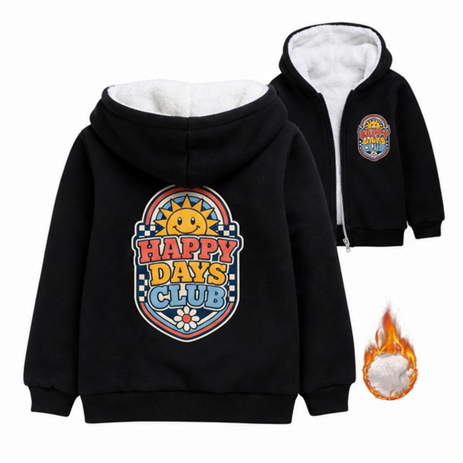 Happy Days Club Custom Kids Thick Zip Winter Jacket, AI-redrawn from the exact blank product and approved logo reference, alternate clean ecommerce view