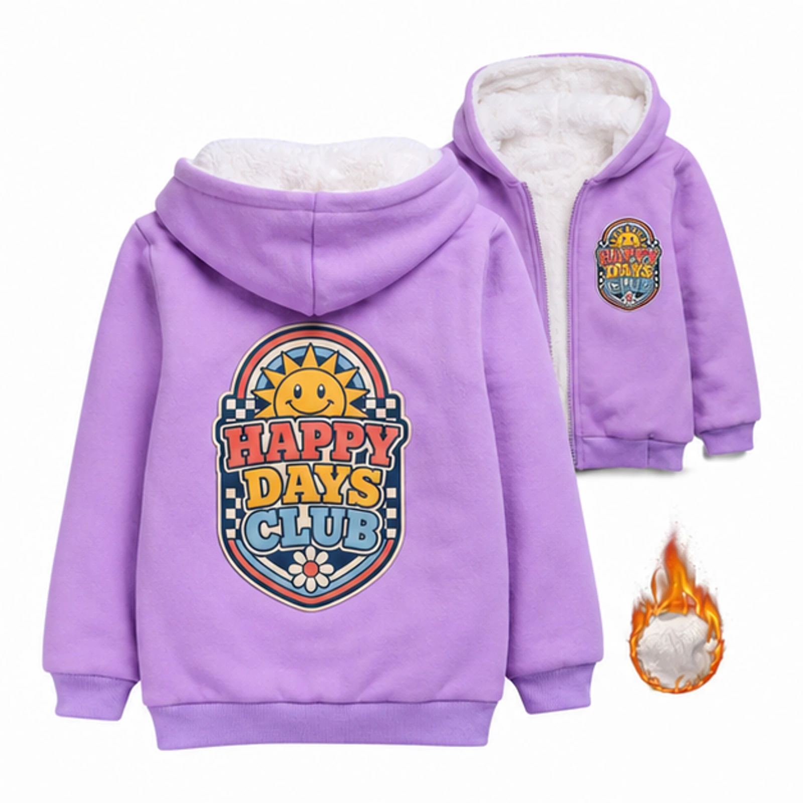 Happy Days Club Custom Kids Thick Zip Winter Jacket, AI-redrawn from the exact blank product and approved logo reference