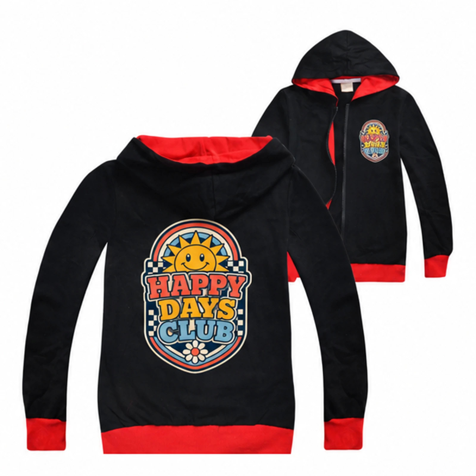 Black option for Happy Days Club Custom Kids Zip-Up Cardigan Jacket, AI-redrawn from the exact blank product and approved logo reference