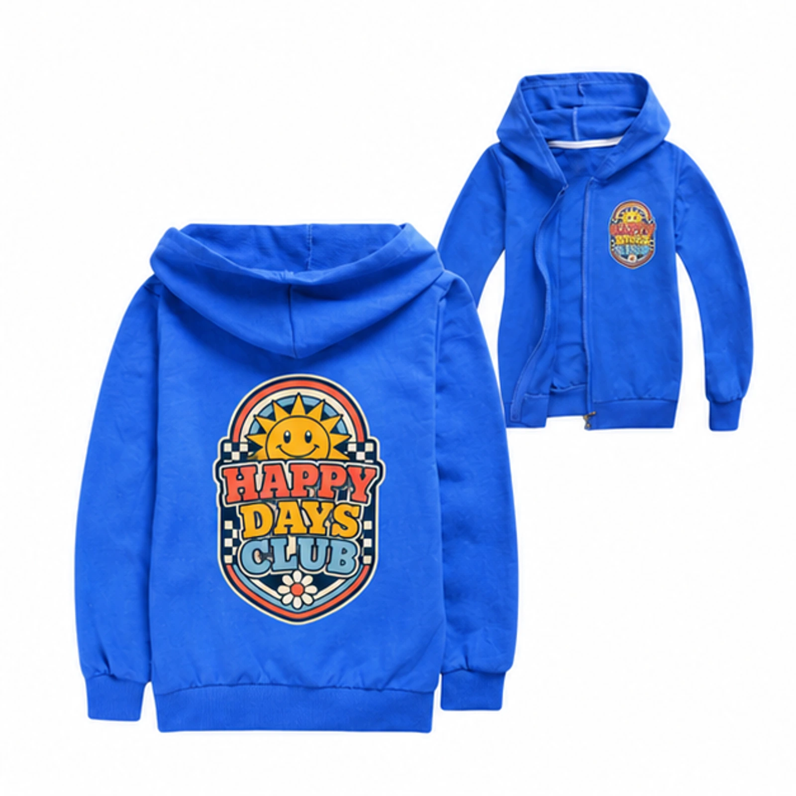 Happy Days Club Custom Kids Zip-Up Cardigan Jacket, AI-redrawn from the exact blank product and approved logo reference, alternate clean ecommerce view